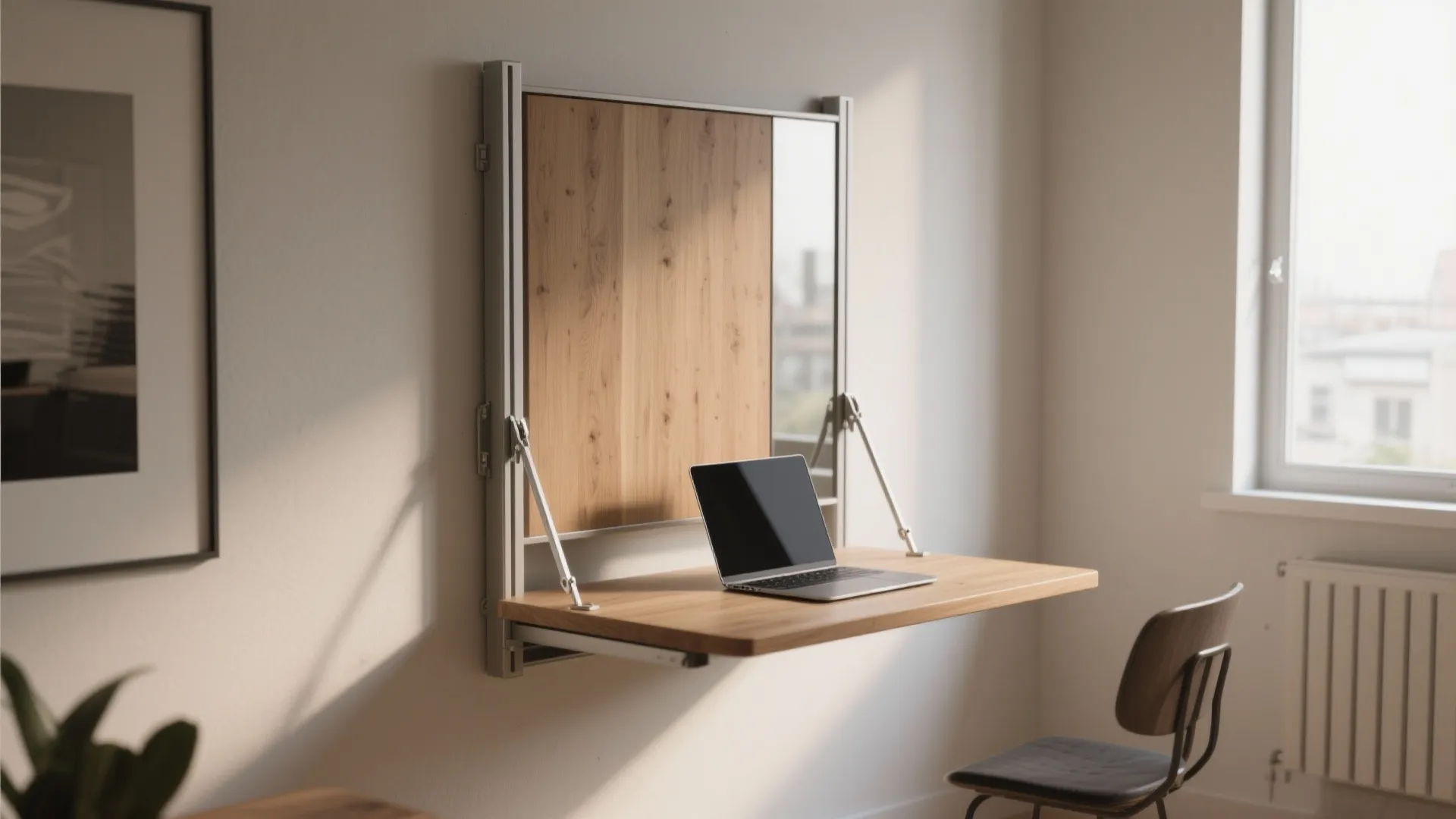 3. Wall-mounted folding table that becomes a desk
