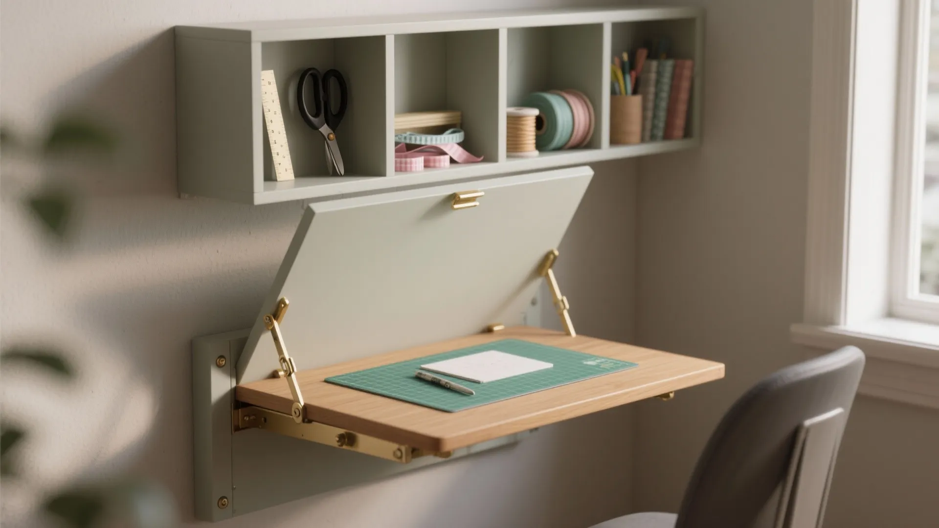 Wall mounted folding desk with wooden top green cutting mat and matching wall storage cabinet