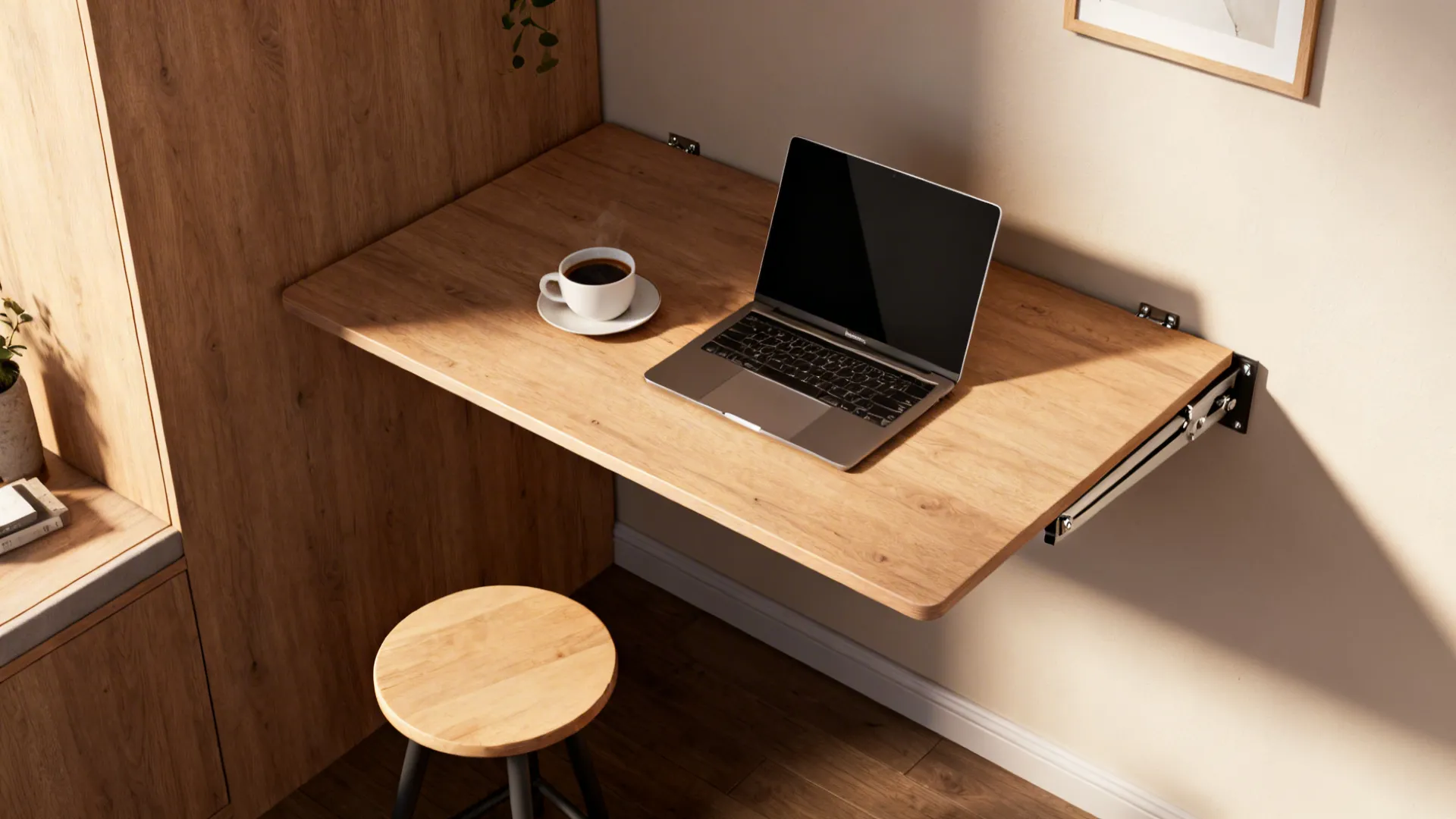Wall mounted wooden folding desk with laptop and coffee cup next to a small stool