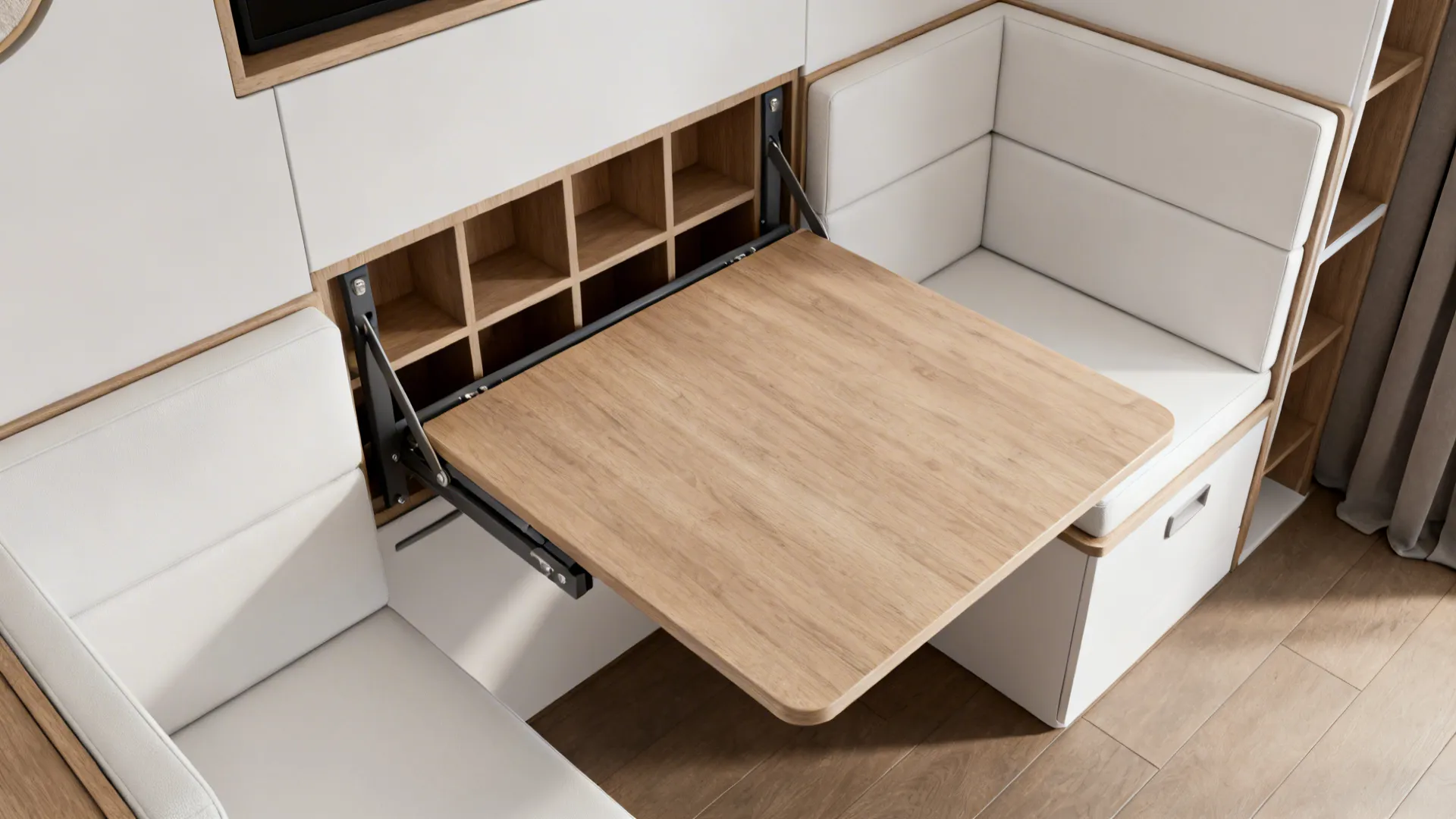 Wall-mounted foldable table opened to dining position with cubby holes behind for storage in a studio apartment