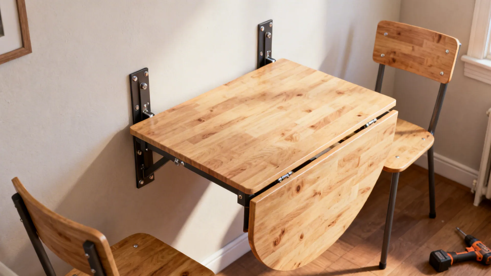 Wall-mounted drop-leaf table opened in a small dining nook showing mounting and pine finish.