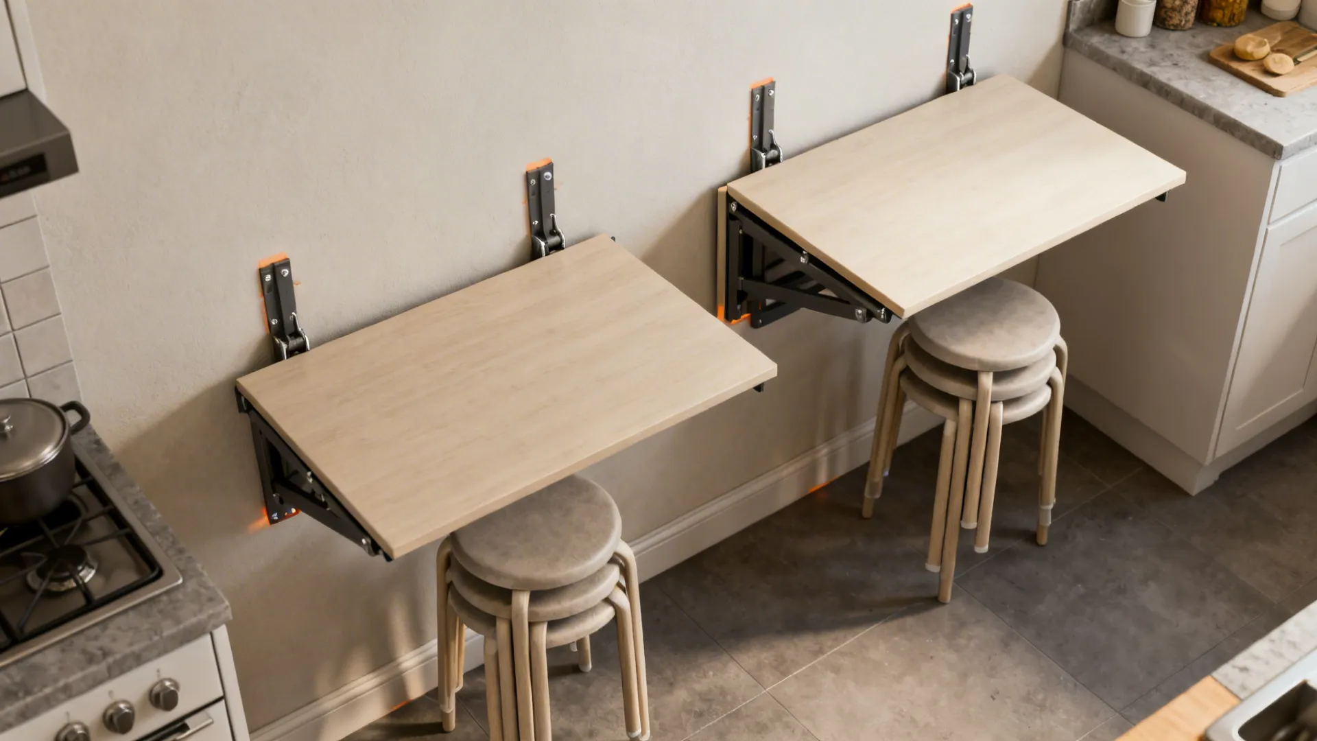 Wall-mounted folding table shown folded and extended with stackable stools in a small kitchen.