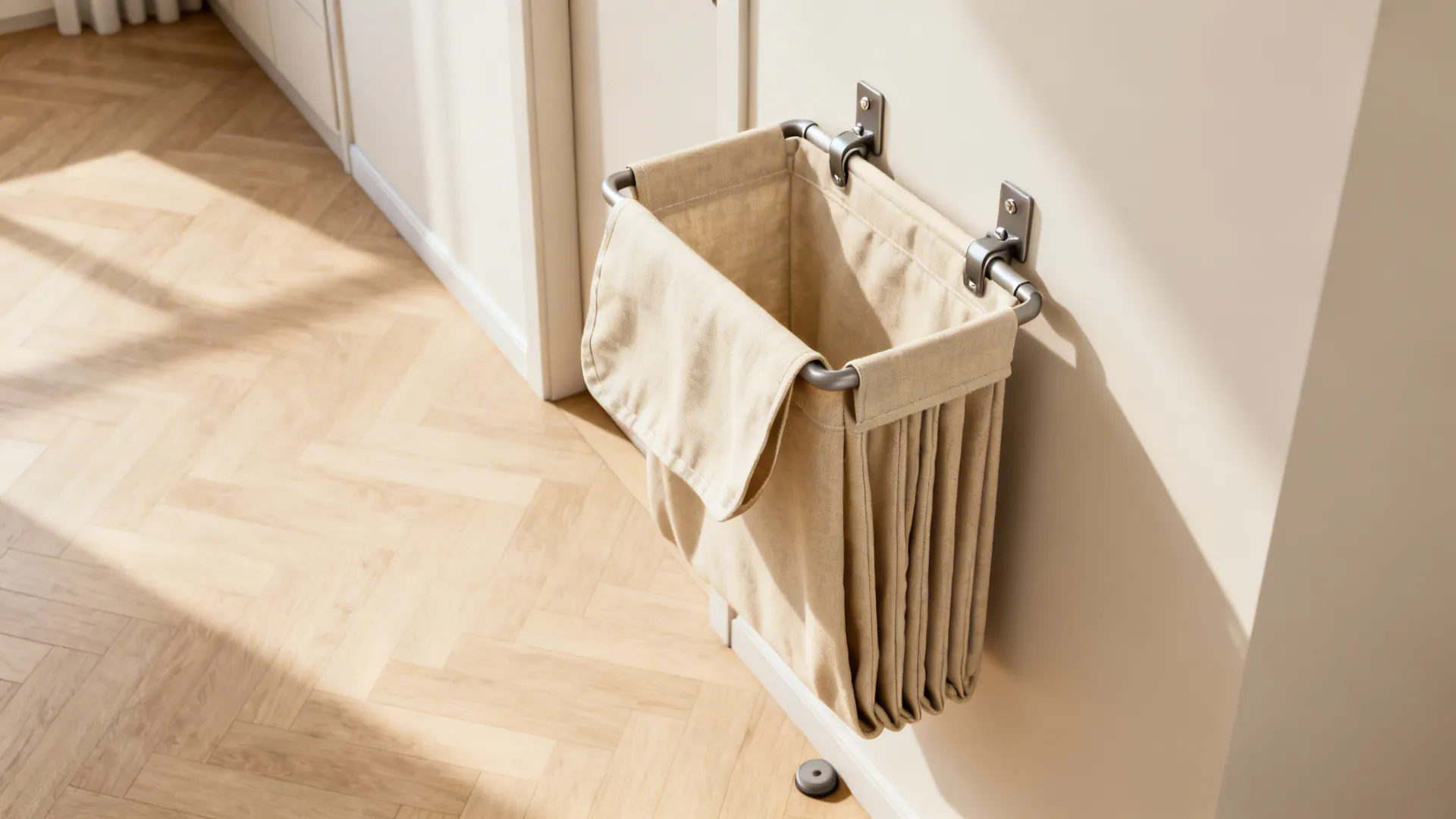 Wall-mounted foldable laundry basket shown folded flat and partially open to save floor space.