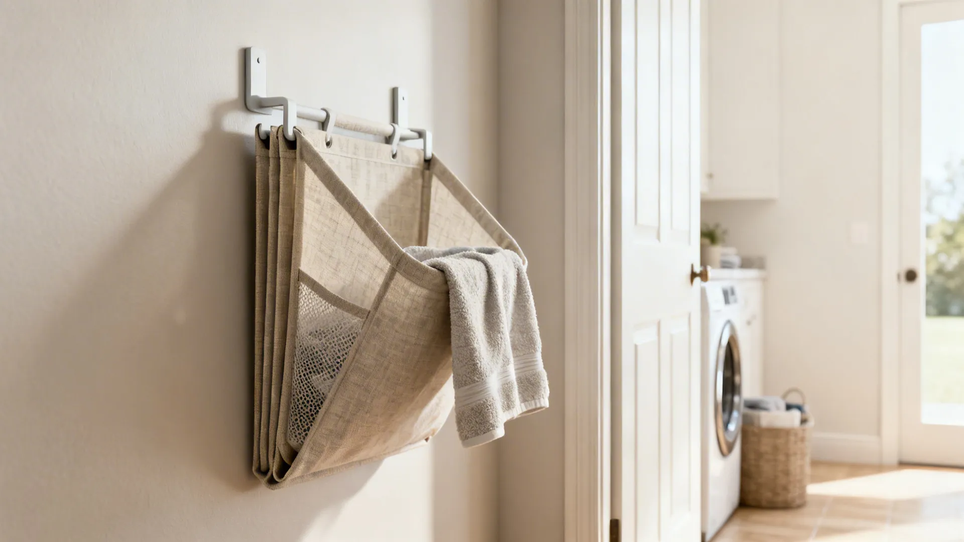 Wall-mounted foldaway fabric baskets collapsed flat beside a narrow laundry entryway.