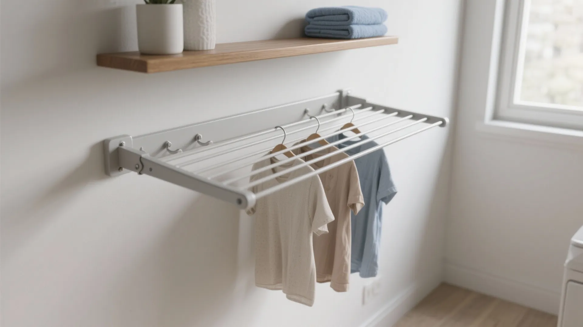 White wall mounted clothes drying rack holding three shirts in a bright modern laundry room
