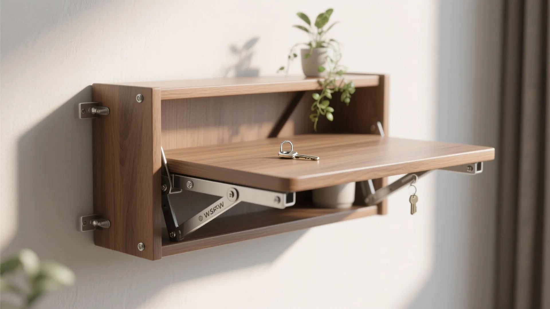 Wall mounted wooden folding desk with metal support brackets and keys placed on the smooth surface