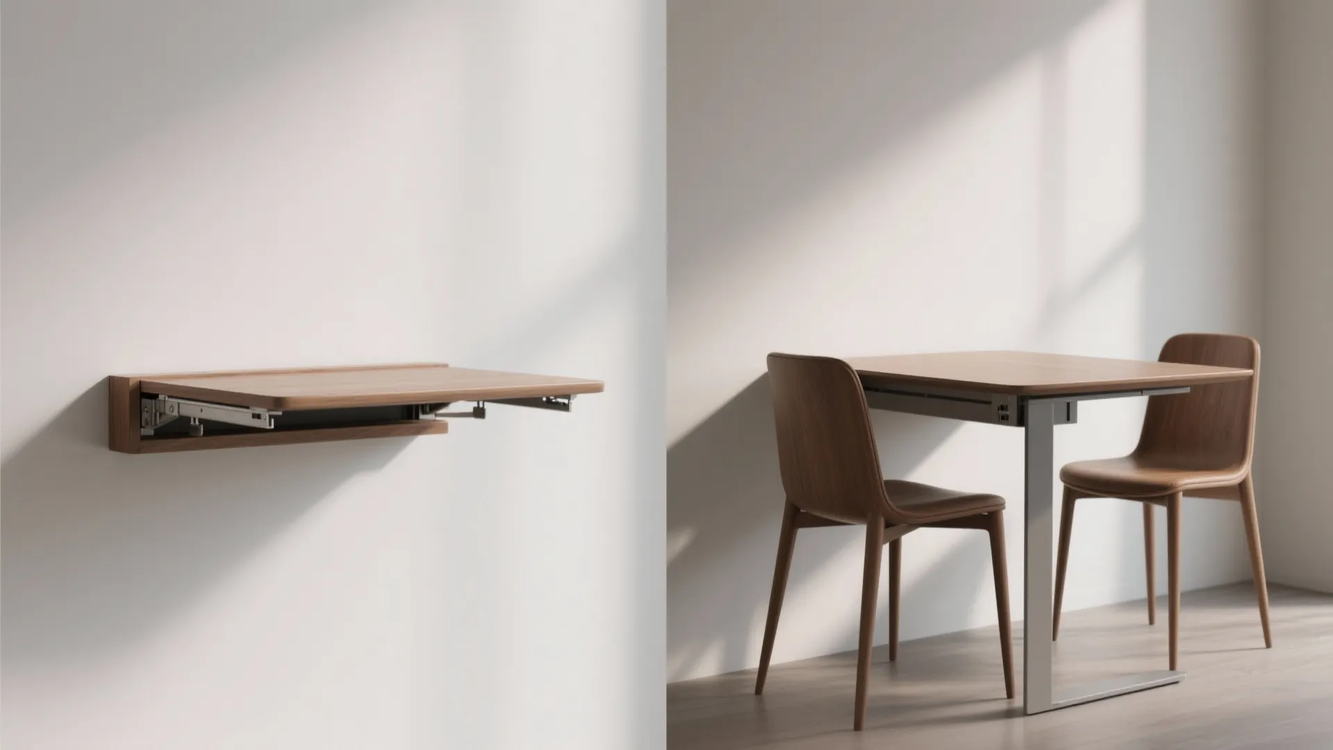 Side by side comparison of a wall mounted folding desk and a wooden dining table