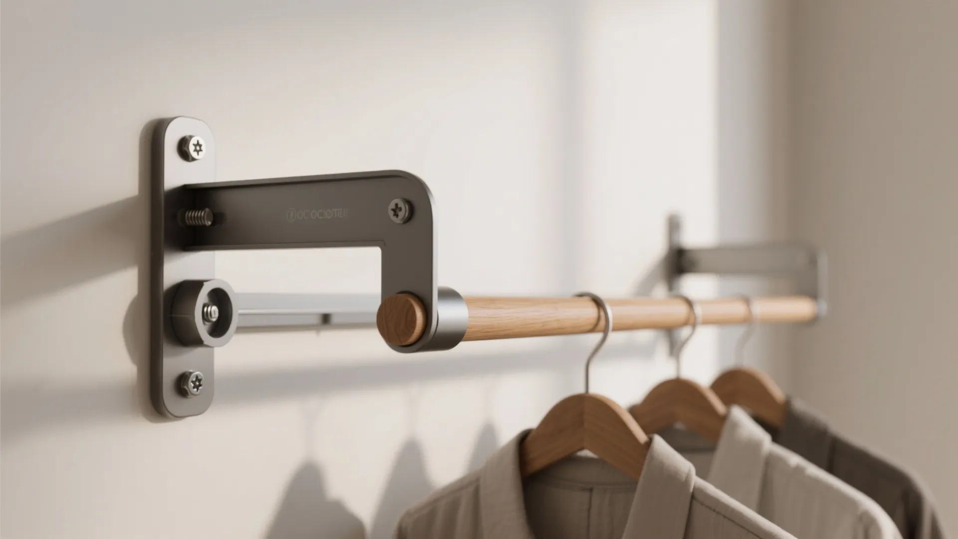 Wall mounted folding clothes rail made of wood and metal holding shirts on wooden hangers