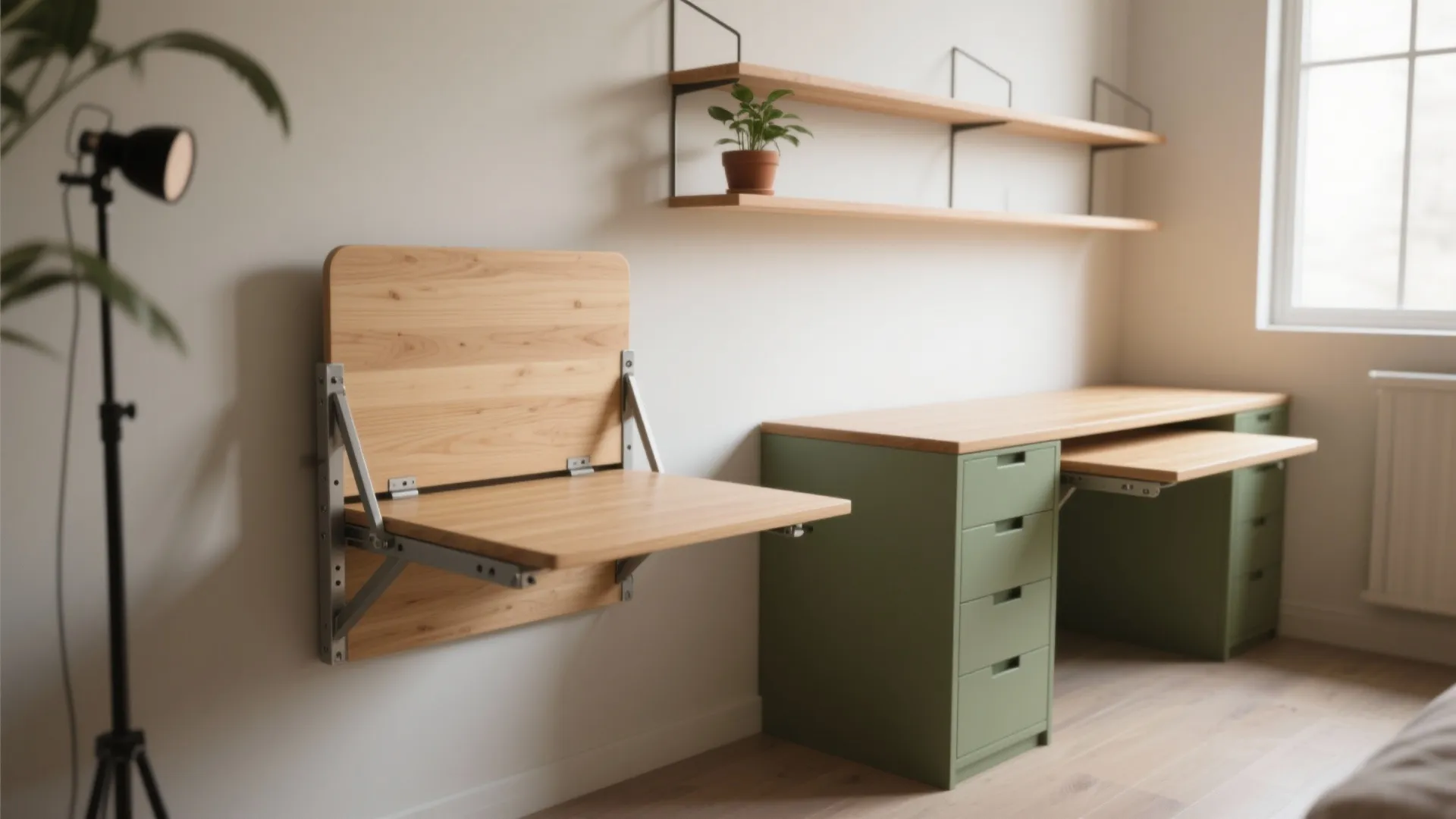 Modern wall-mounted foldaway desk open and closed, with integrated shelving and a plant.