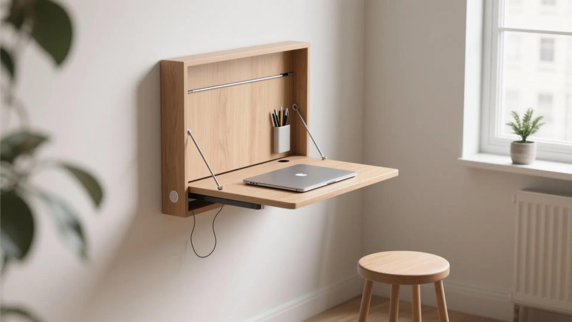 Light wood fold down wall desk with laptop and wooden stool in bright small room