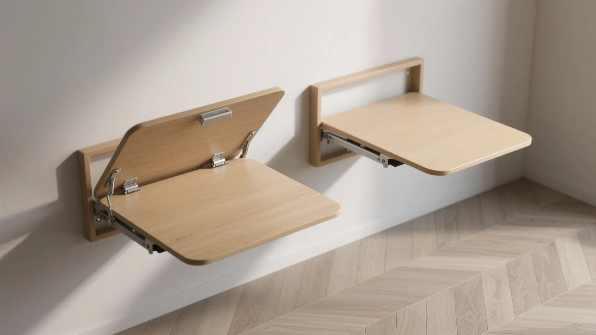 Top-down view of a wall-mounted foldaway table in folded and unfolded positions showing hinge and clearance.