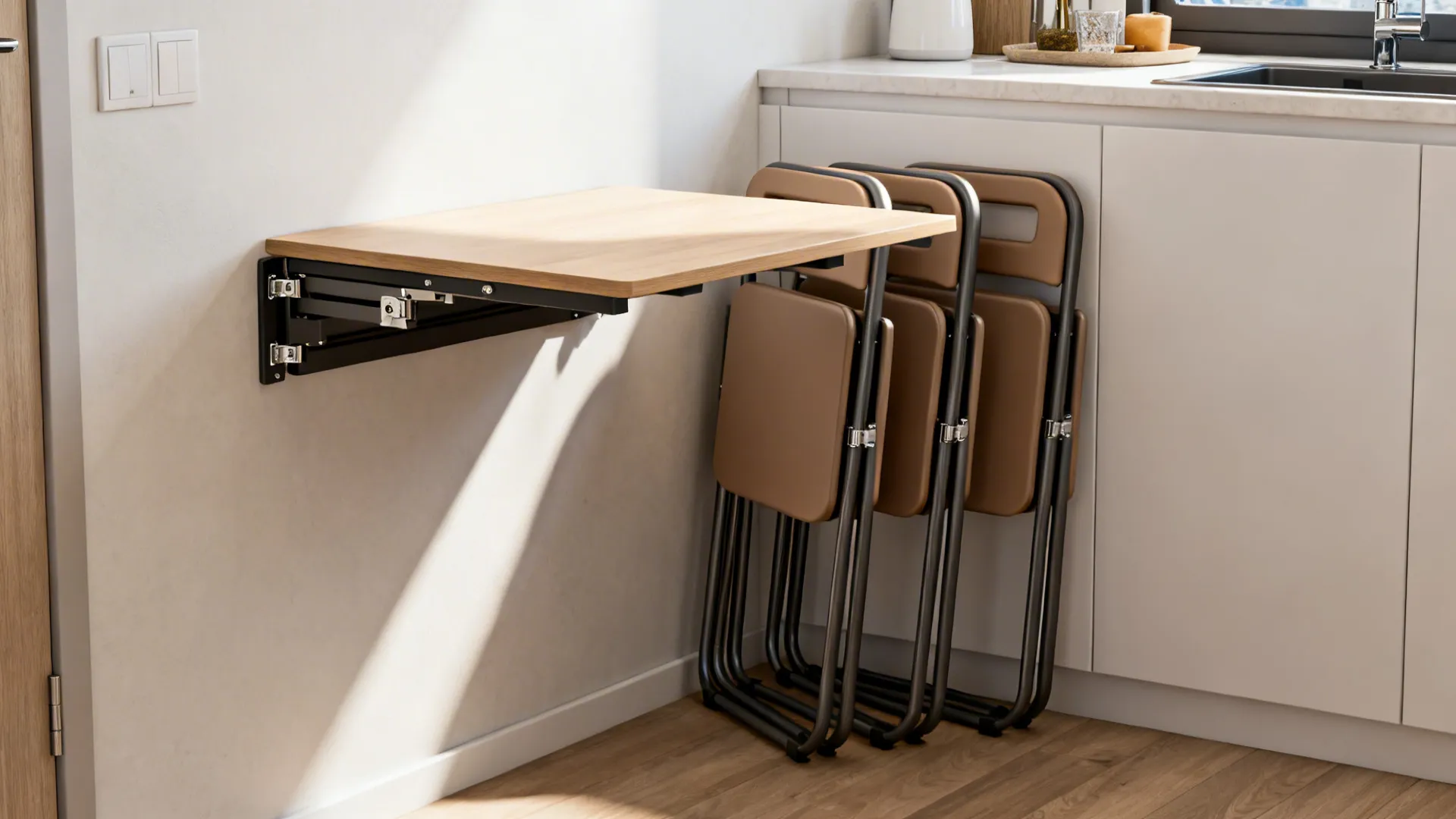 Wall-mounted foldaway table in a micro-apartment with slim folding chairs