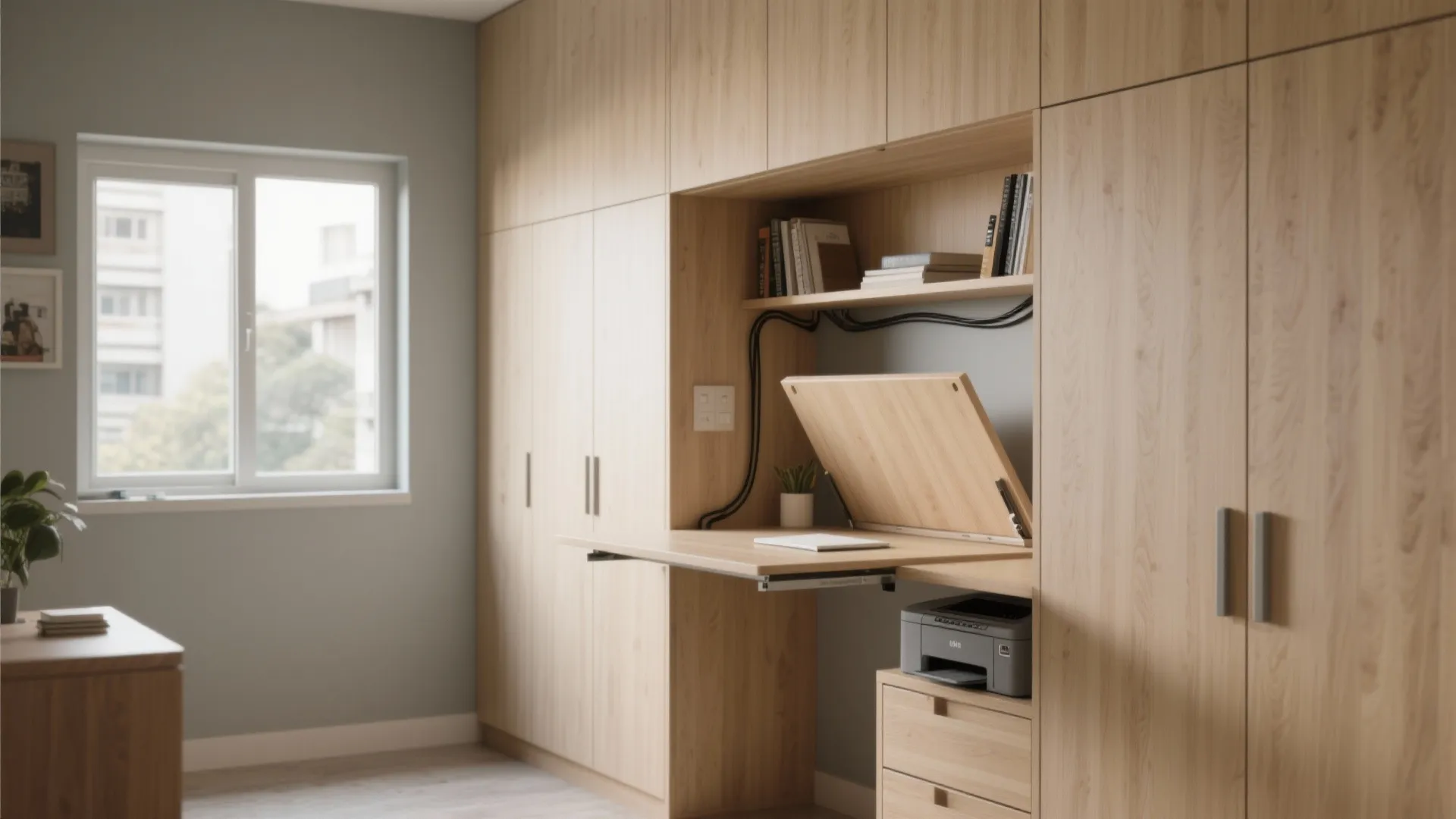 Minimalist Wall Storage With a Fold-Down Desk