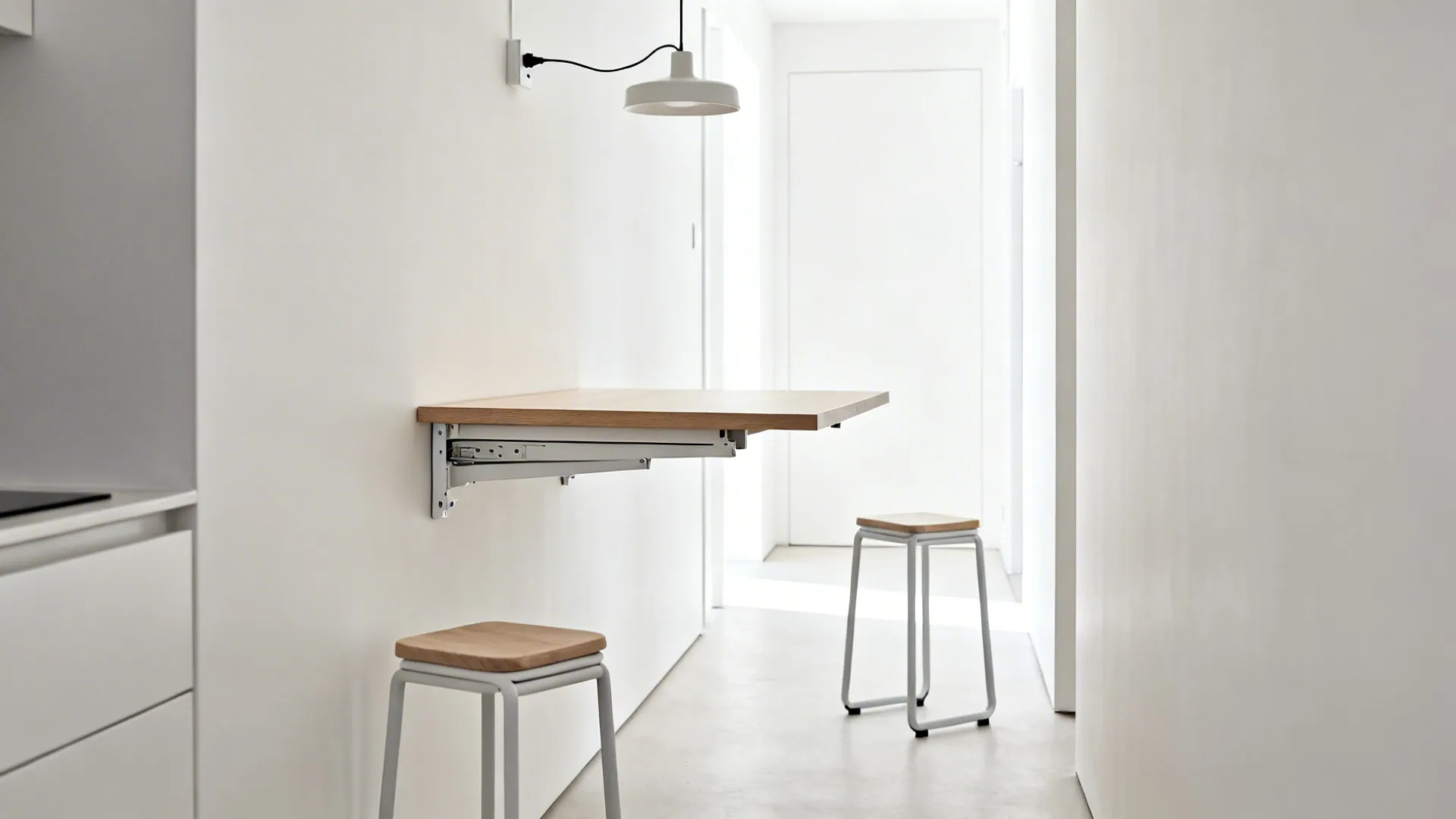 Wall-mounted fold-down table with two stackable stools in a compact studio dining zone.