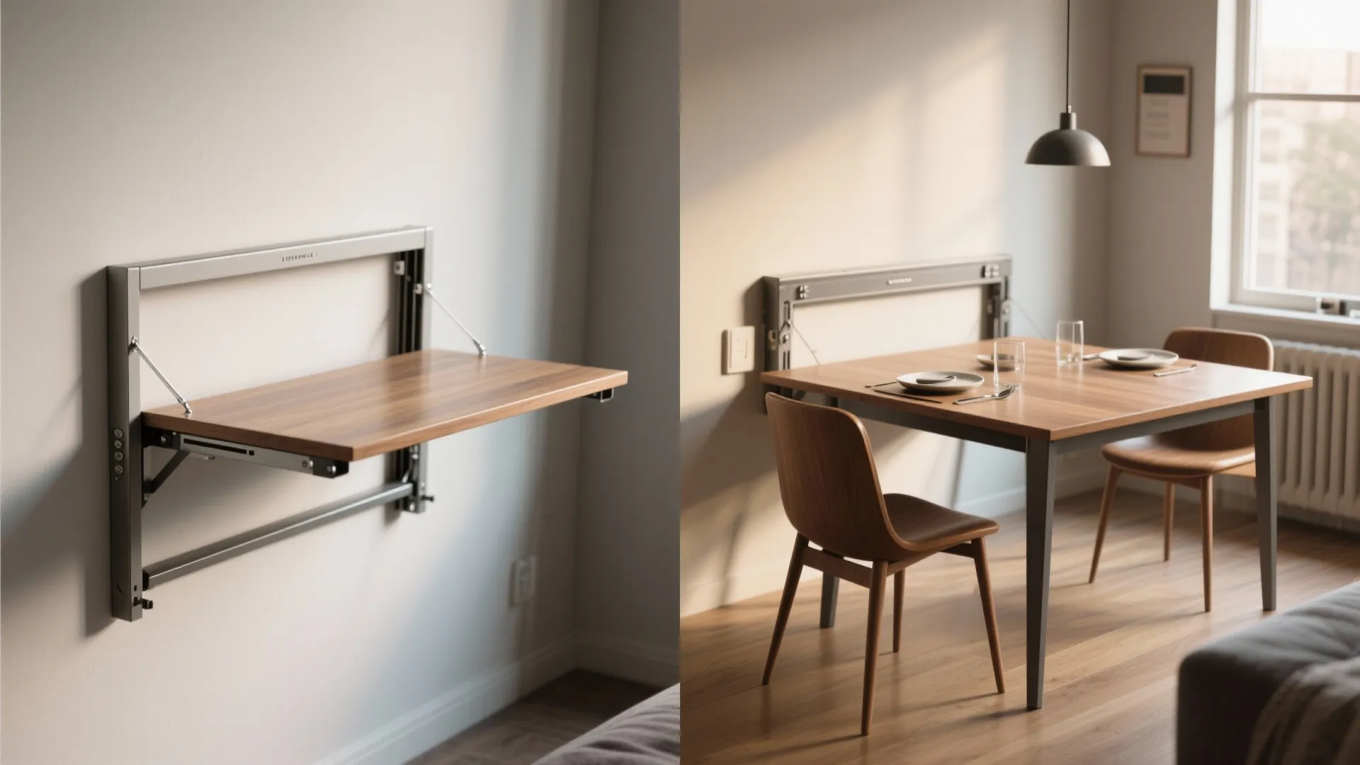 Before and after comparison of a wall mounted folding table versus a set dining table