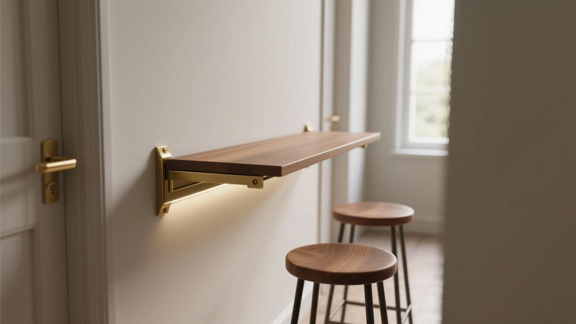 Slim wall-mounted folding bar with brass hinges and folding stools in a narrow hallway.