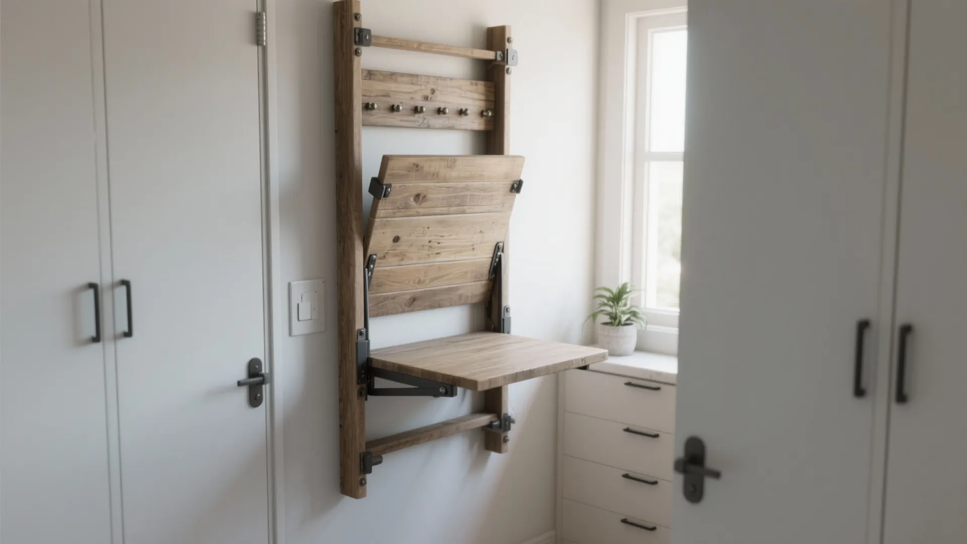 Wooden wall mounted folding laundry table in a bright white room next to a small window