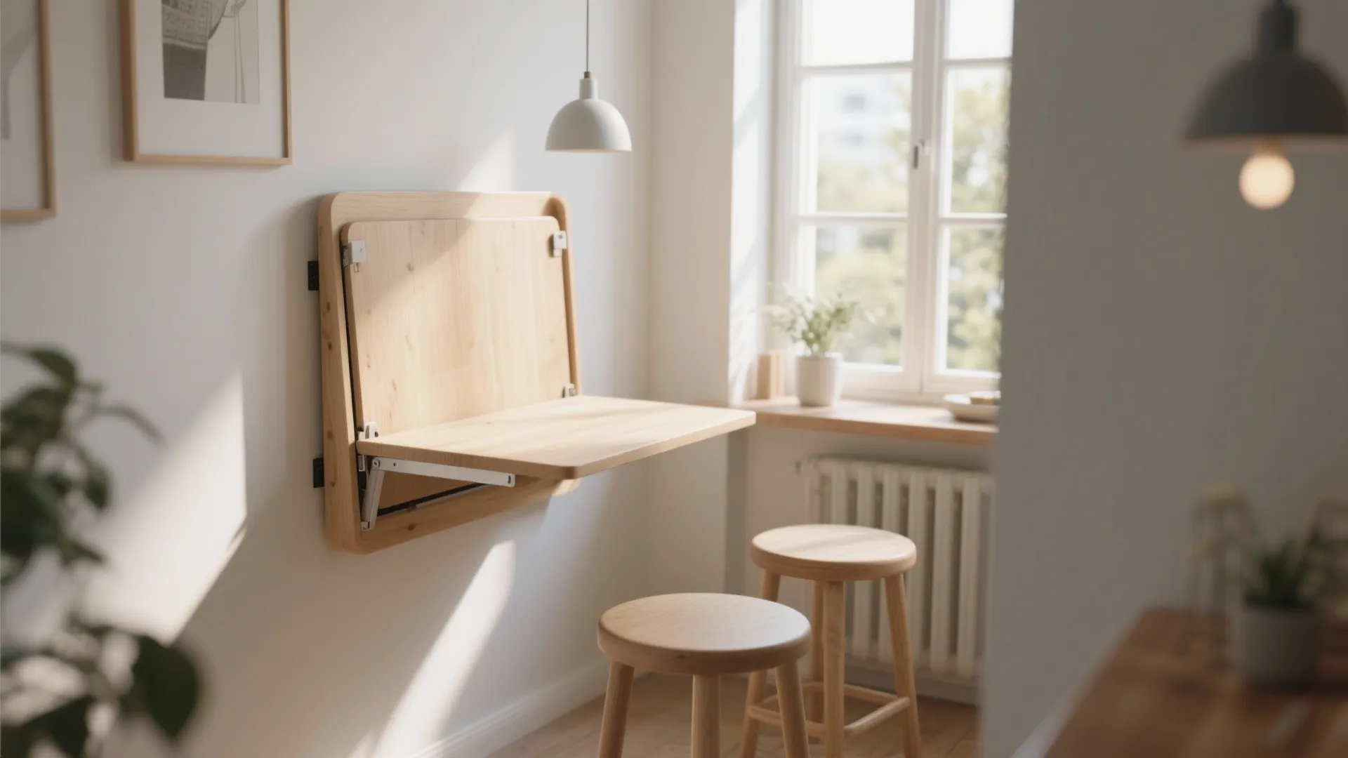 Wall-mounted folding table in a small dining nook by the window