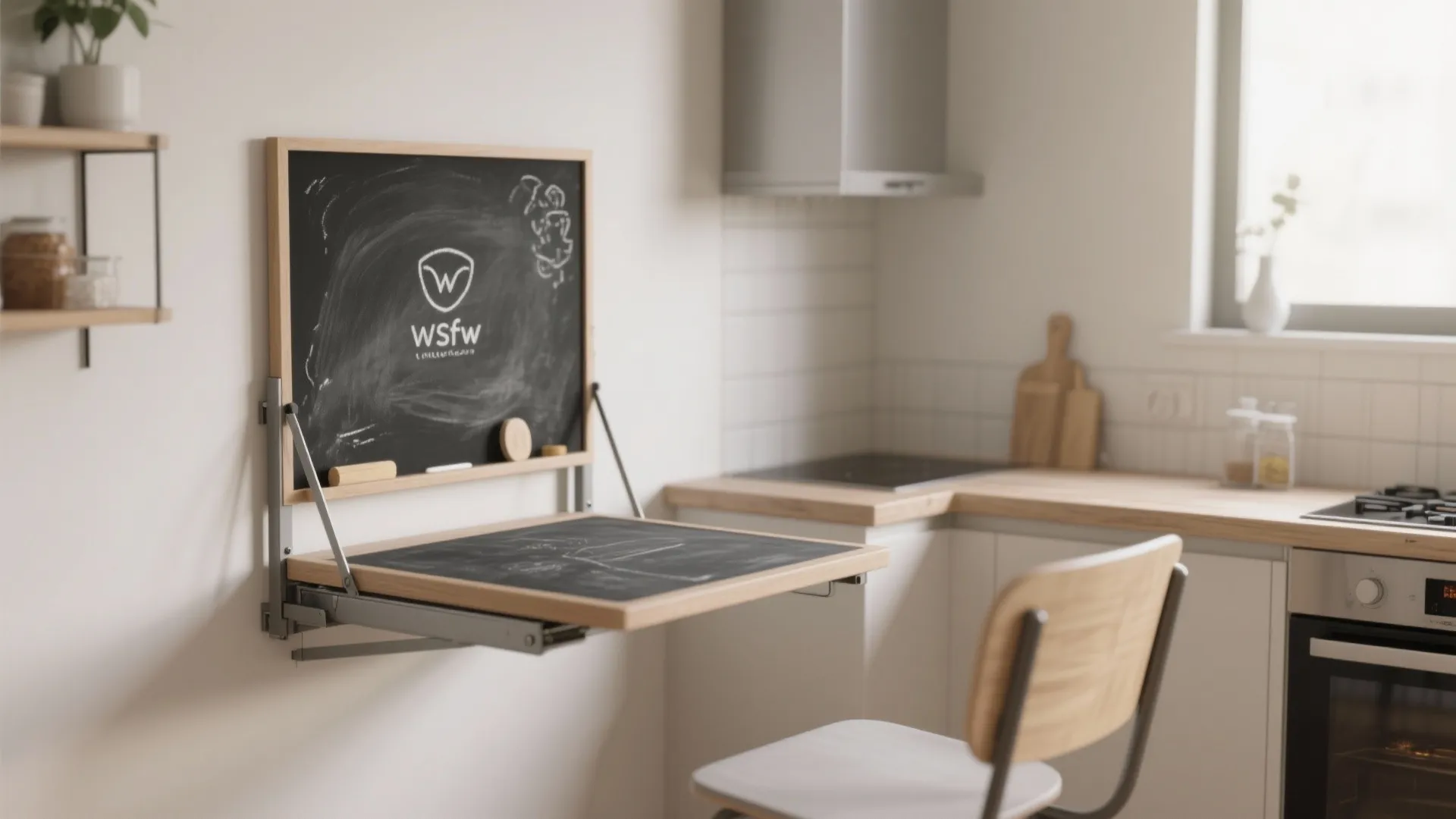 Wall mounted folding table with chalkboard surface used as a small desk in a kitchen