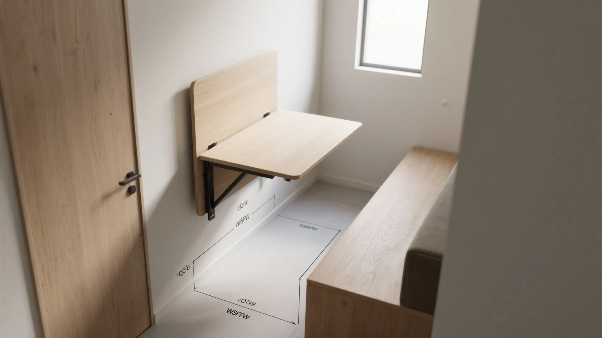 Small white room with light wood wall folding table and floor markings showing space layout