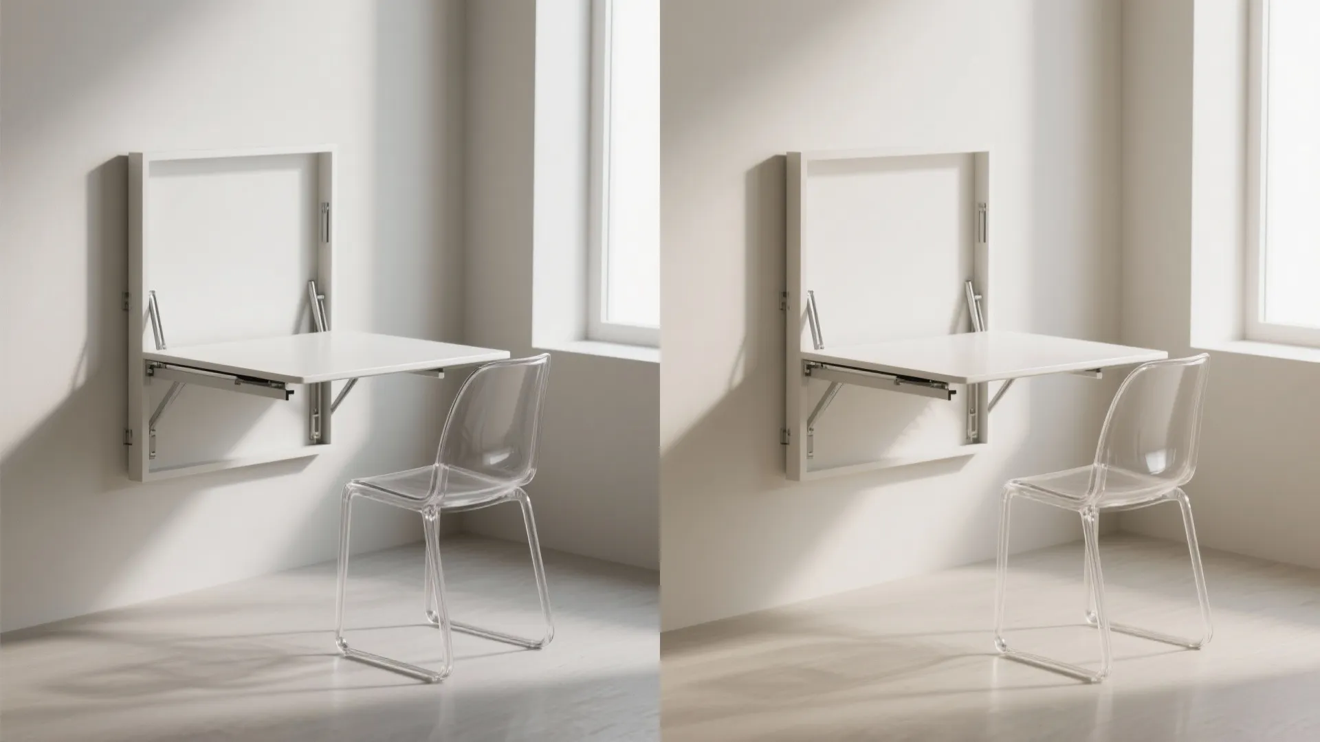 5. Wall-mounted folding table + clear chairs