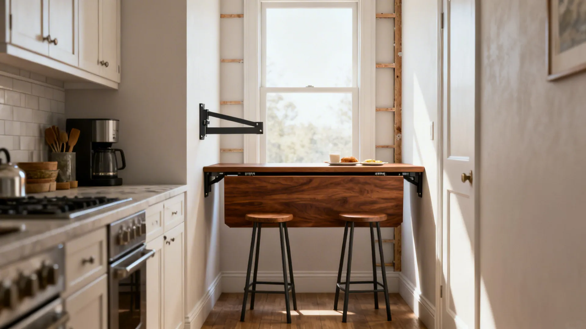 Walnut wall-mounted folding table opened as a small breakfast nook in a narrow kitchen