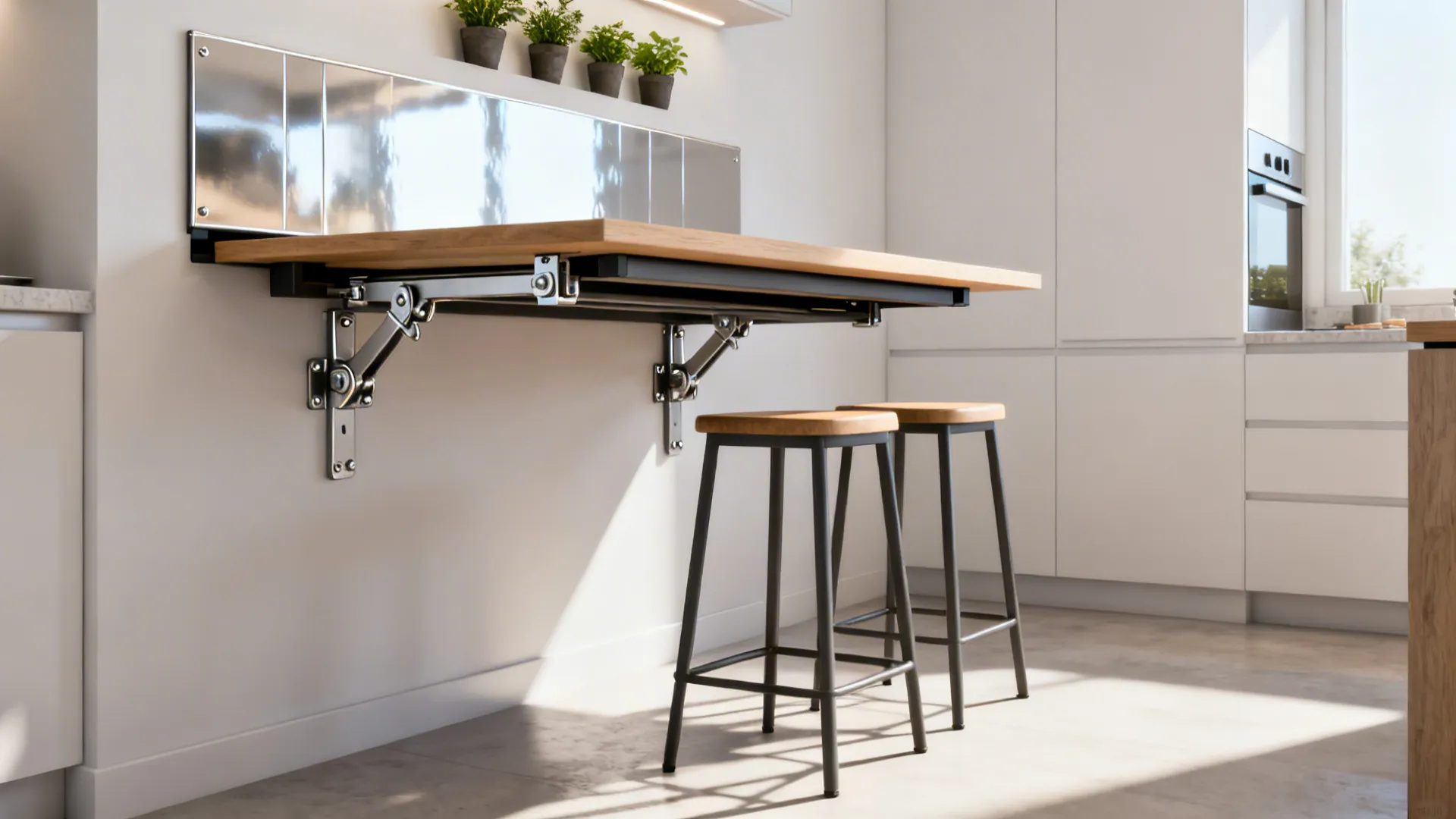 Wall-mounted folding table folded down with two stools in a compact kitchen
