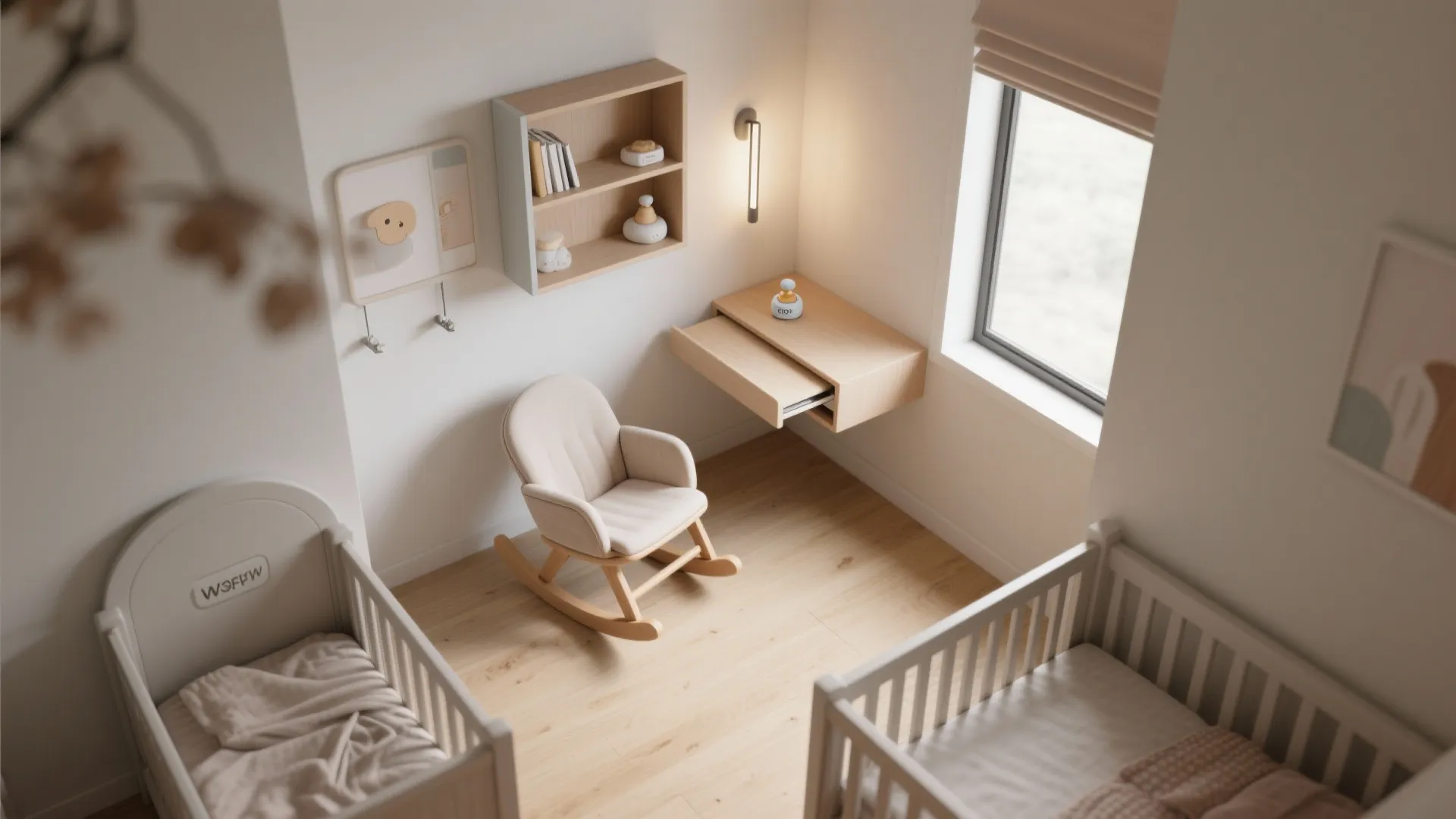 Top-down layout of a small nursery showing a slim glider and wall-mounted fold-down shelves for night feeds.