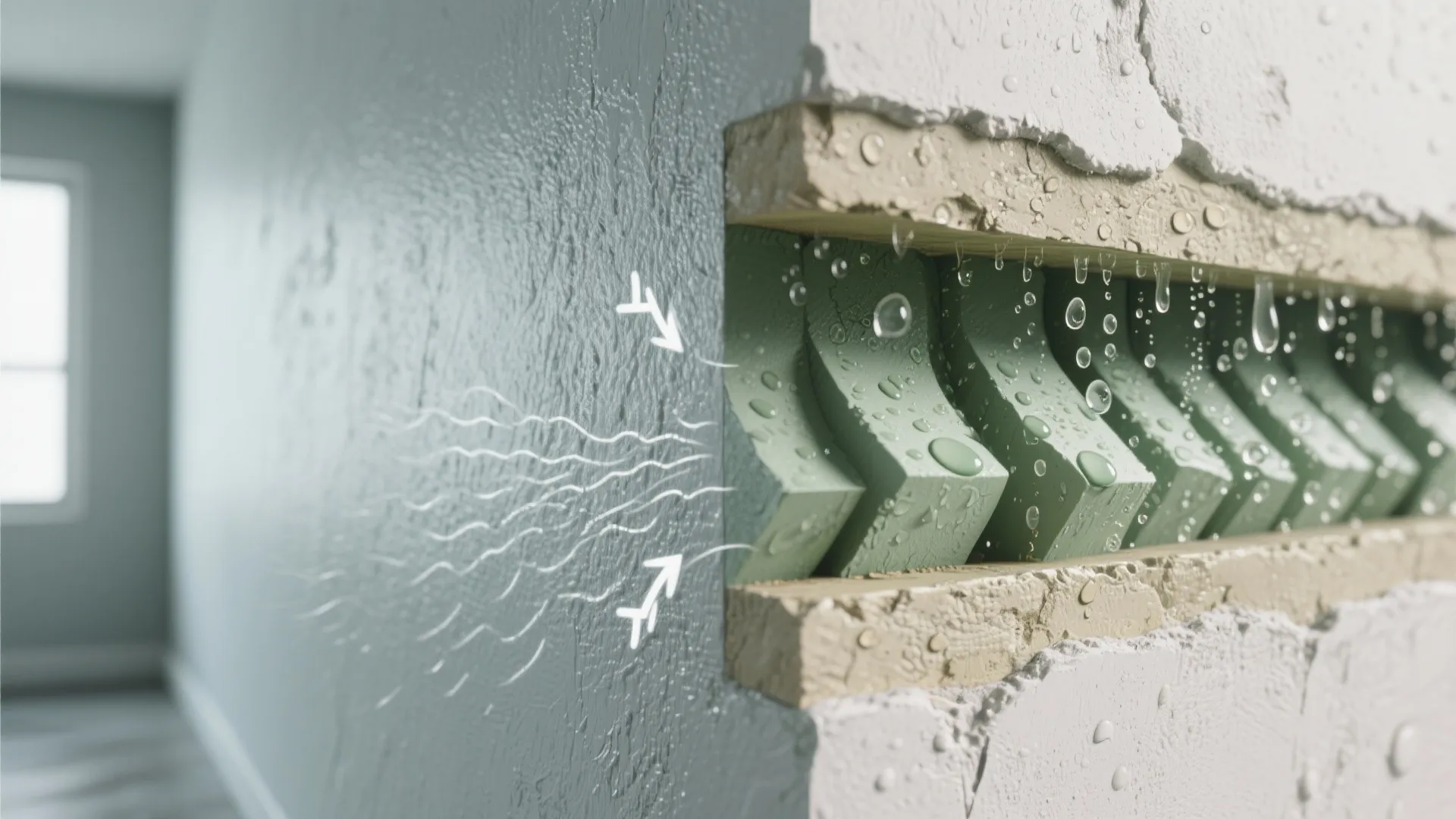 Cross section of a green wall panel showing water droplets and air flow for interior ventilation
