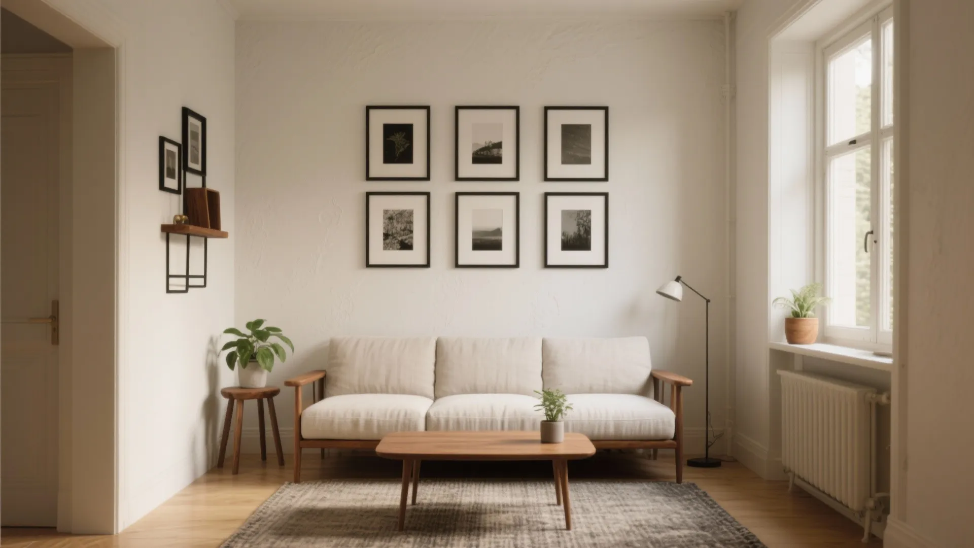 Modern living room featuring a white sofa wood coffee table and black picture frames wall
