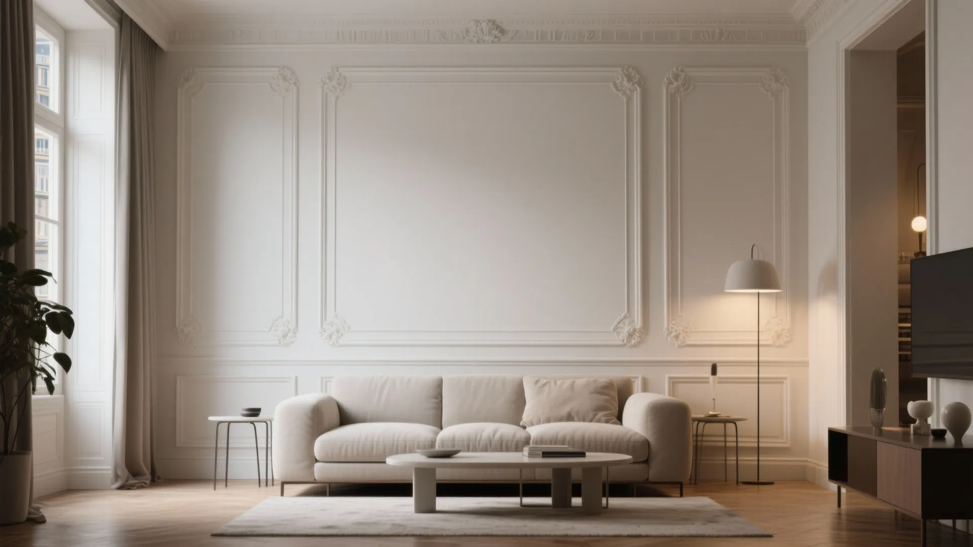 Living room with rectangular wall frame molding for subtle texture