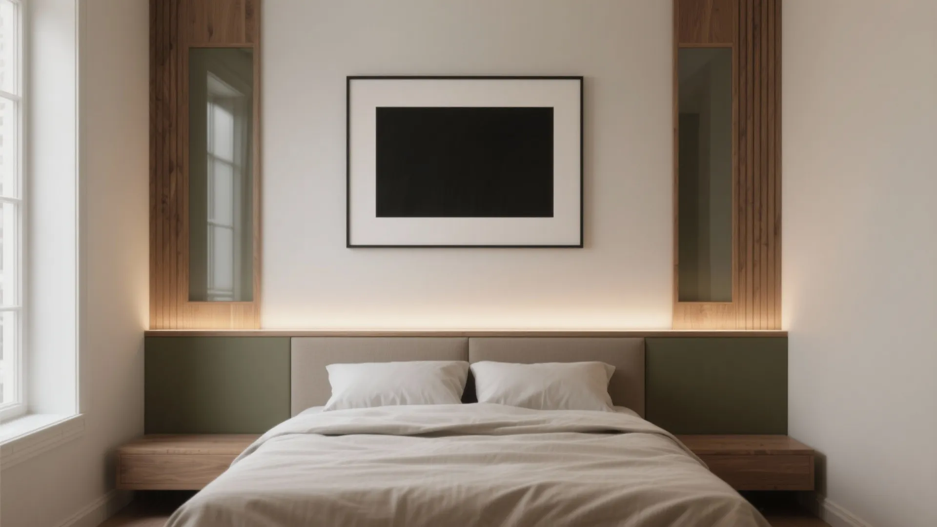 Modern bedroom with a black frame on wall wood paneling white bedding and warm lighting