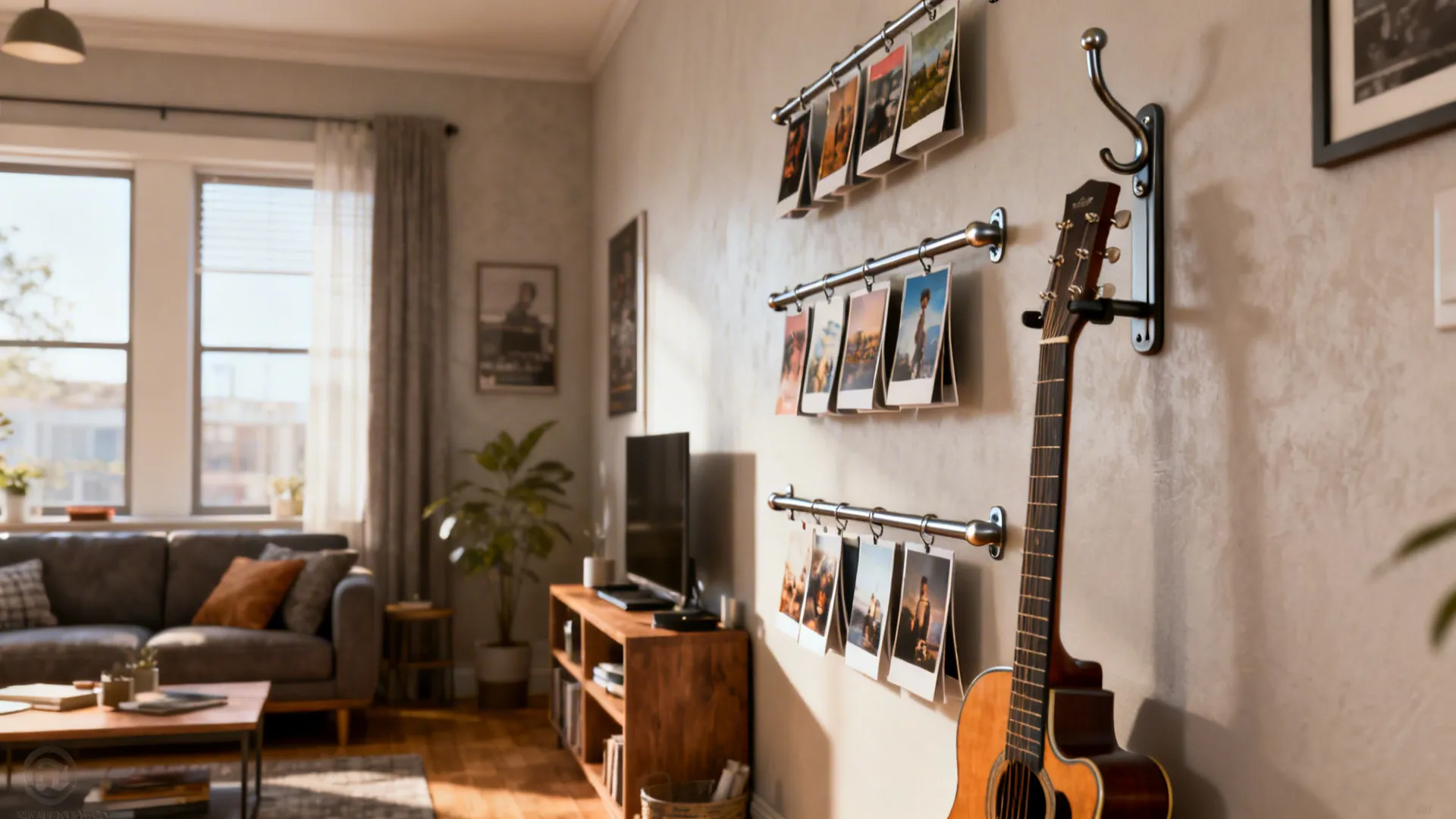 Wall-mounted coat rack, guitar hook, and display rail creating functional decor in a living room.