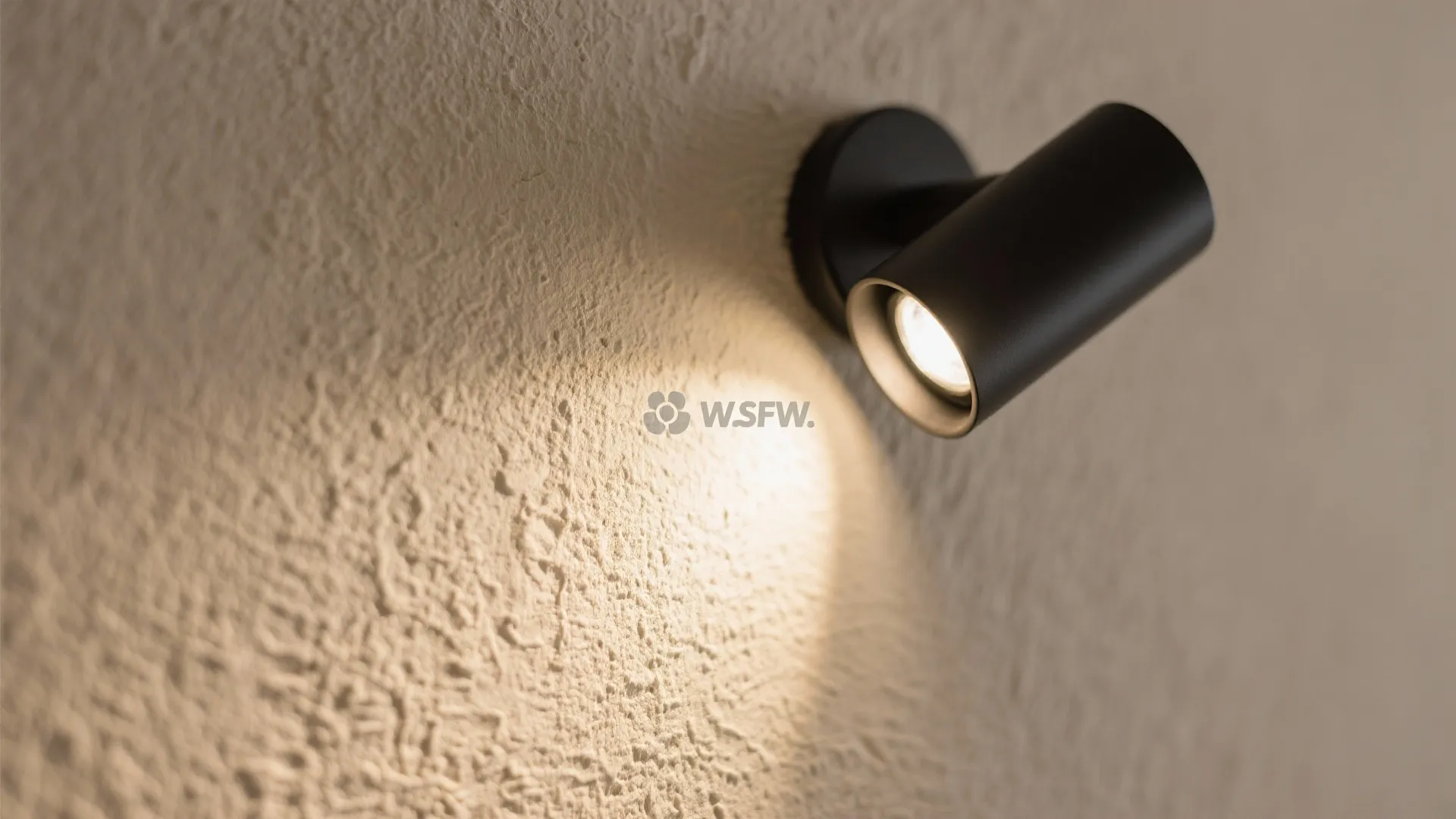Macro of a narrow-beam wall grazer casting even light across textured paint.