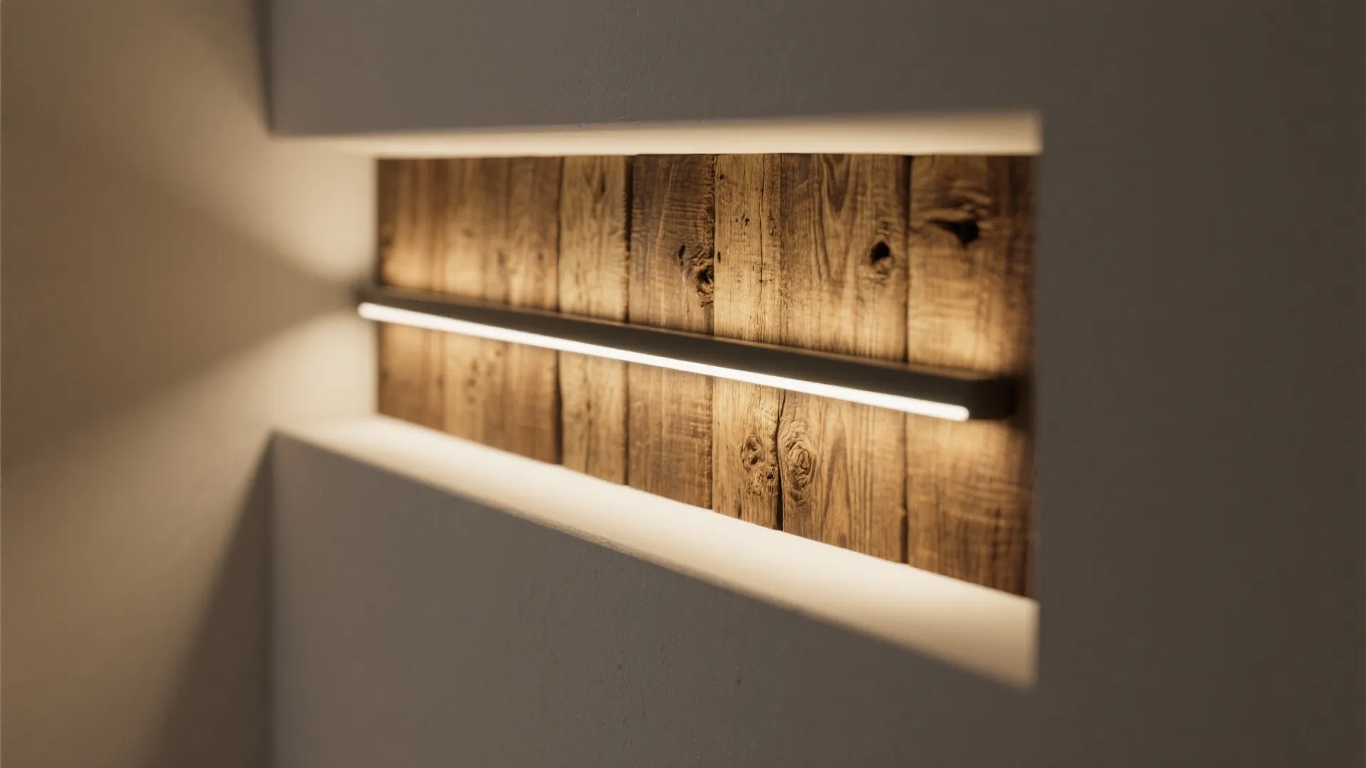 Recessed wall grazer casting narrow light along reclaimed wood to emphasize grain and knots.