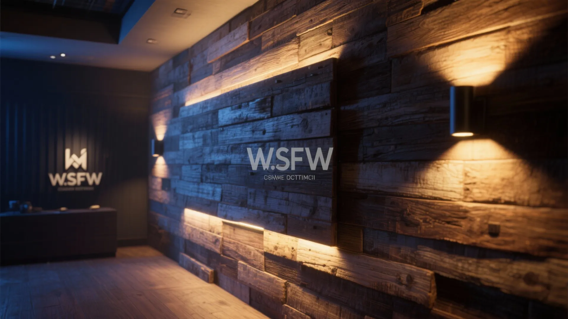 Rustic wood wall panel with warm light strips and black wall lights in dark office