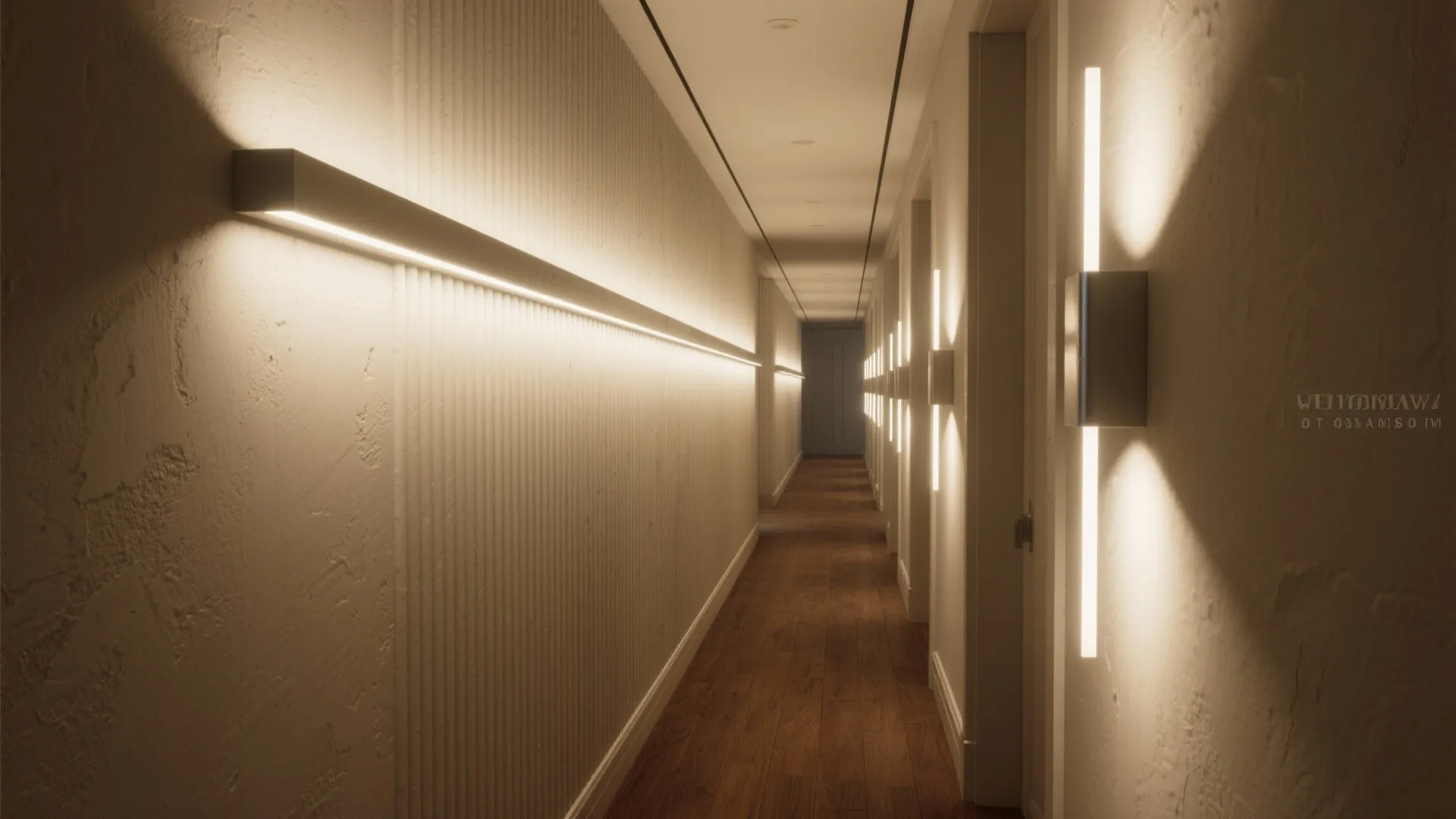 Narrow hallway with dark wood floors and warm wall light fixtures creating a cozy atmosphere
