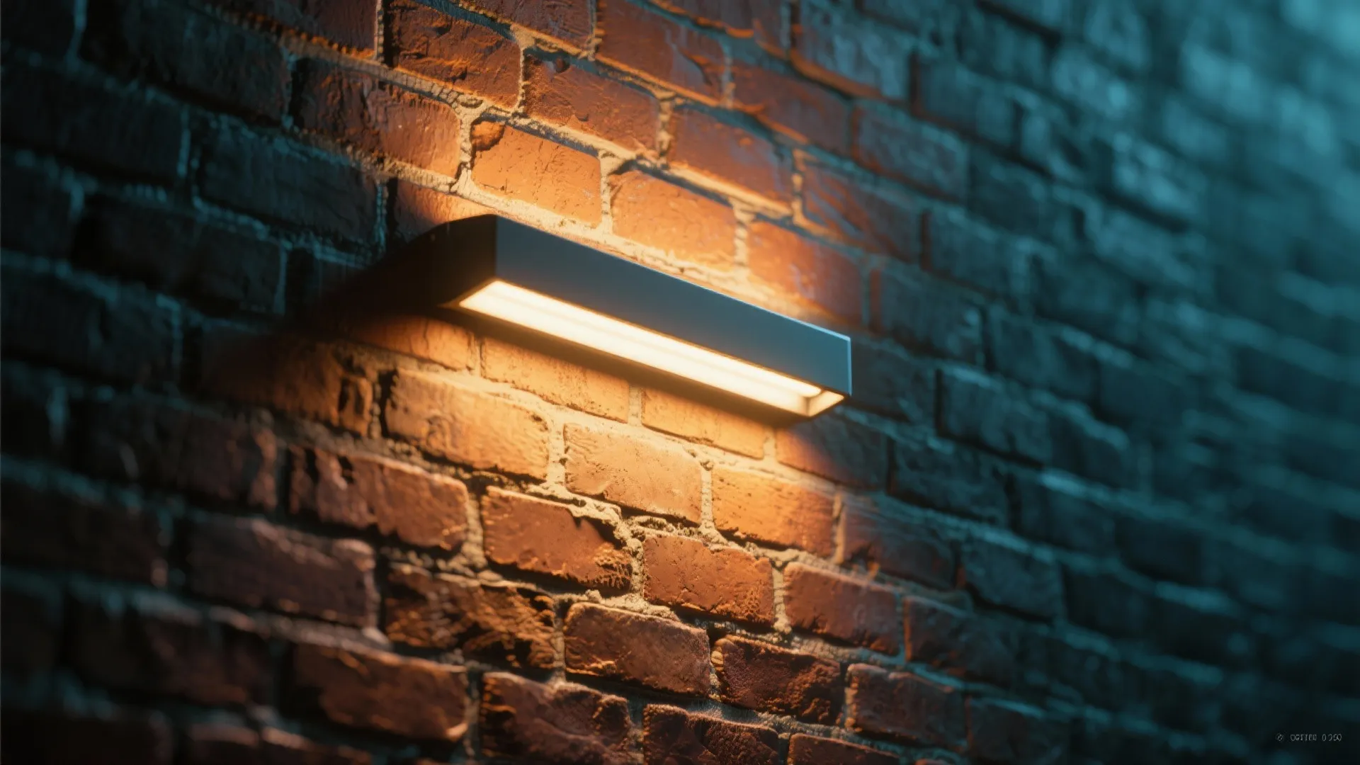 Modern rectangular wall light fixture casting warm glow on red brick wall during the evening