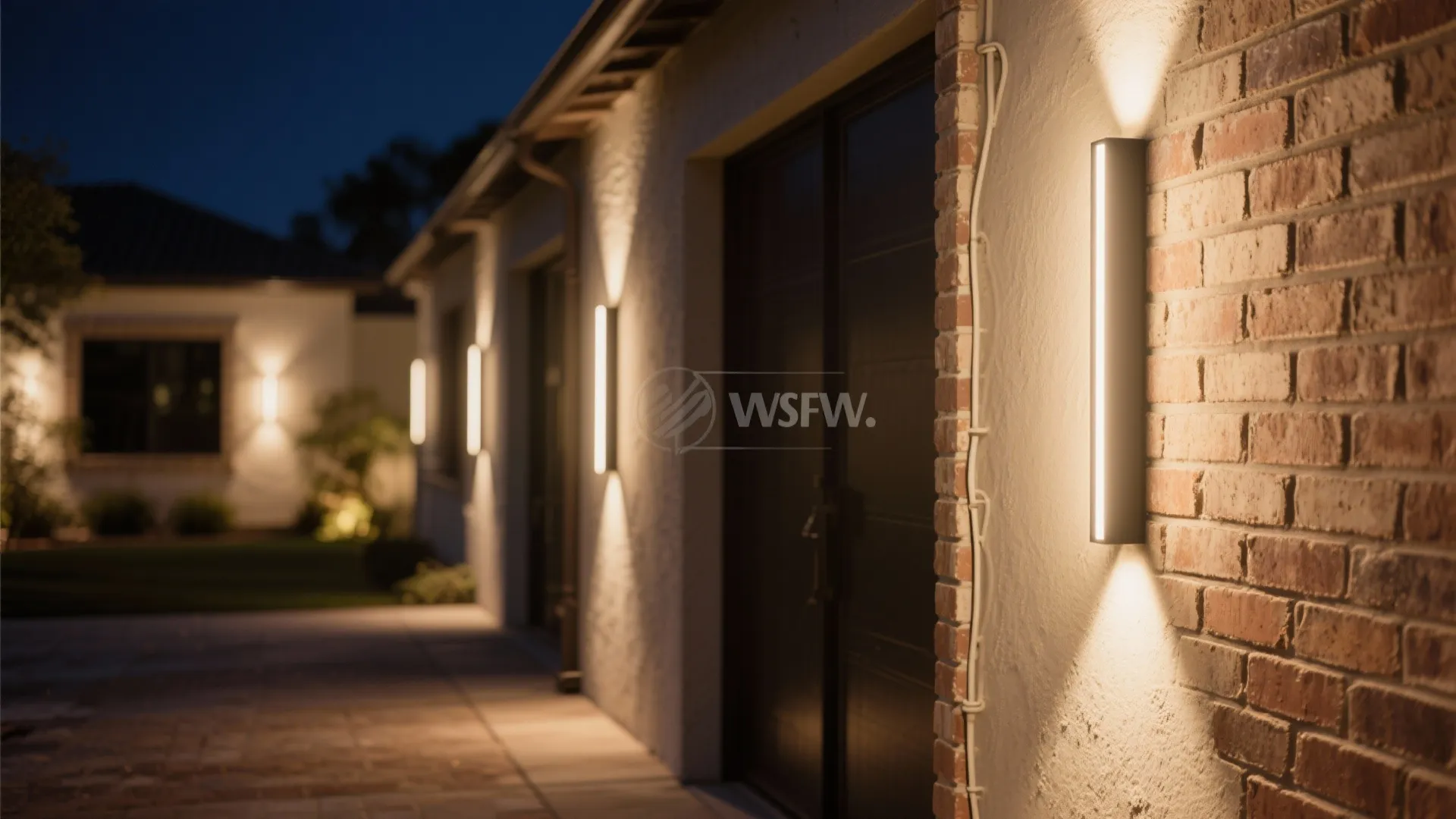 Slim wall grazers skim light across a brick wall, sharply revealing texture without glare.