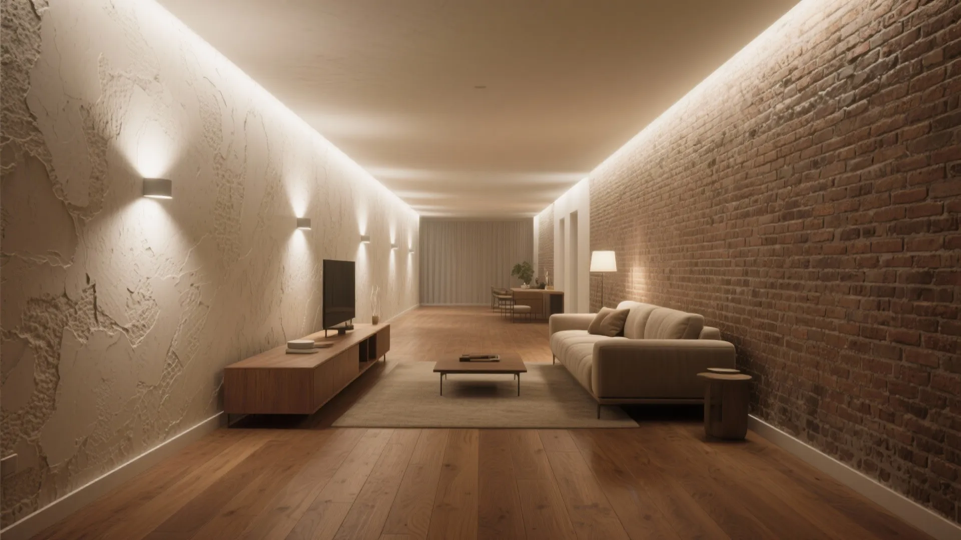 Long living room with brick wall panel and wall light fixtures highlighting the textured surface