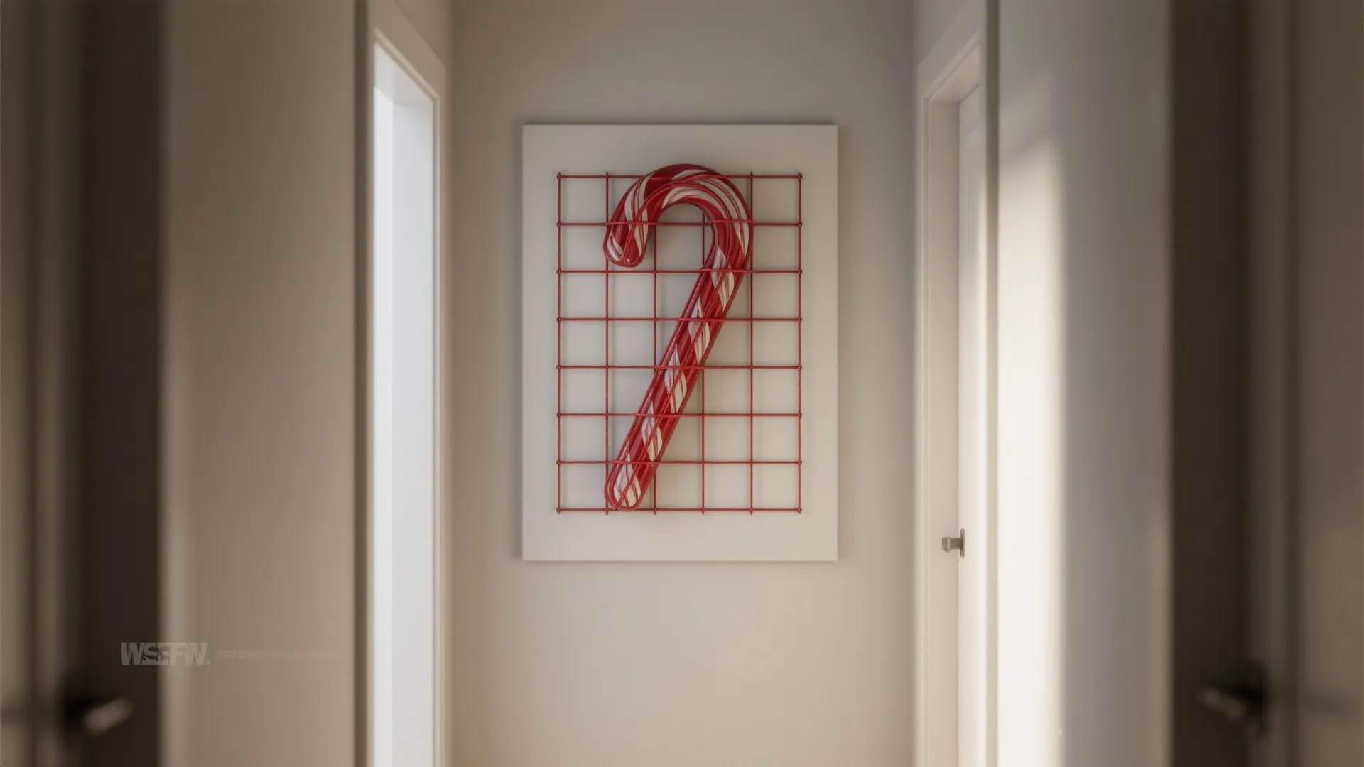 Modern hallway with white walls featuring a red candy cane wall art on metal grid