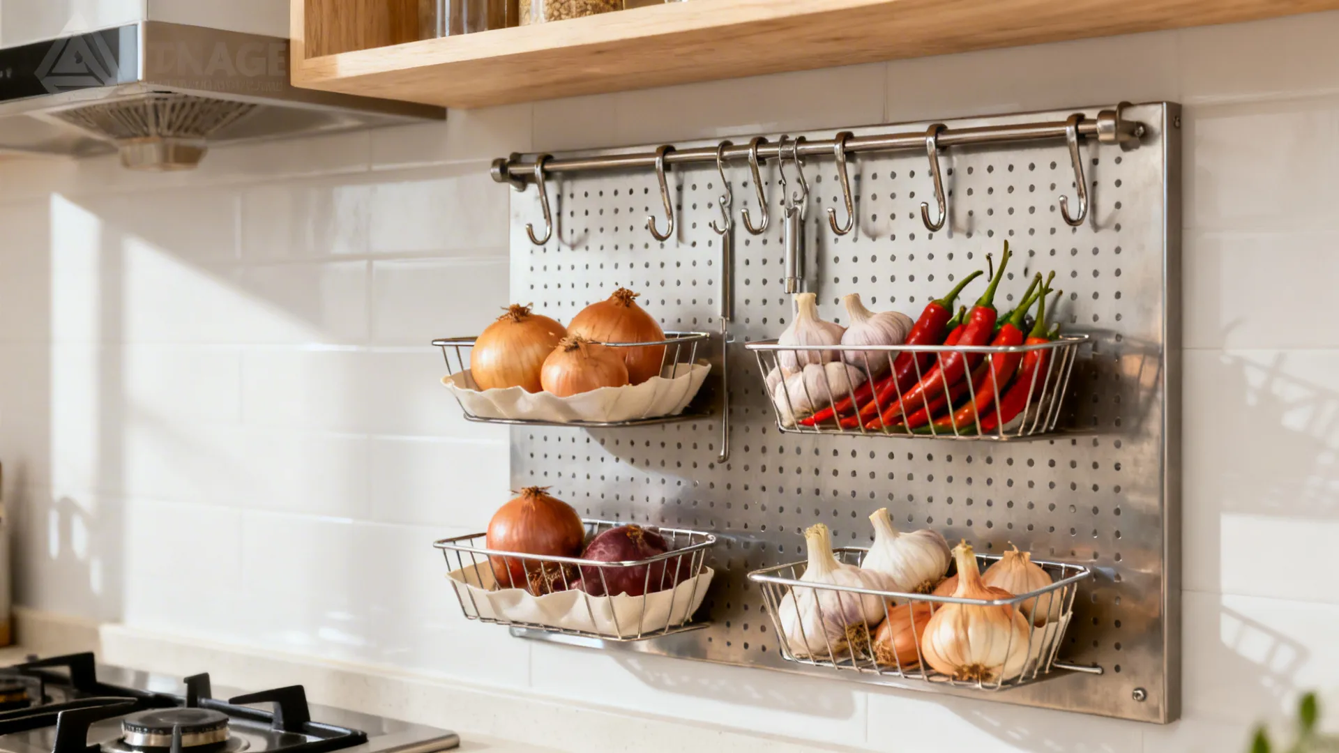 Perforated steel pegboard with wire baskets storing onions, garlic, and chilies in a bright kitchen.