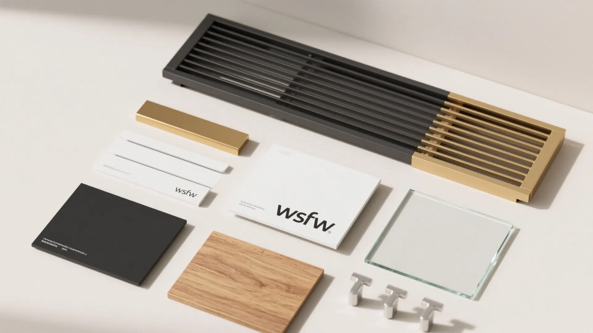 Various home decoration material samples including a metal vent wood block and a clear glass