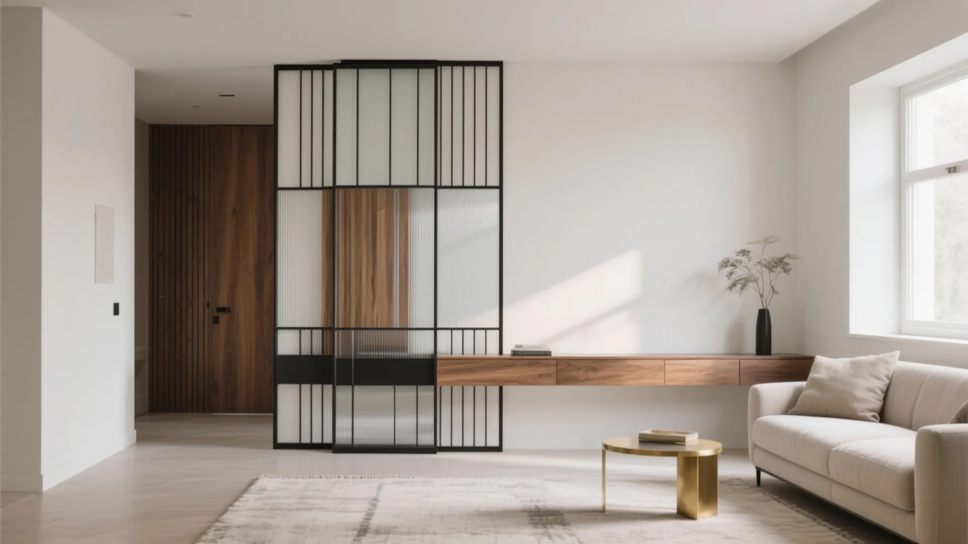 Modern white living room featuring a glass room divider sofa gold coffee table and rug