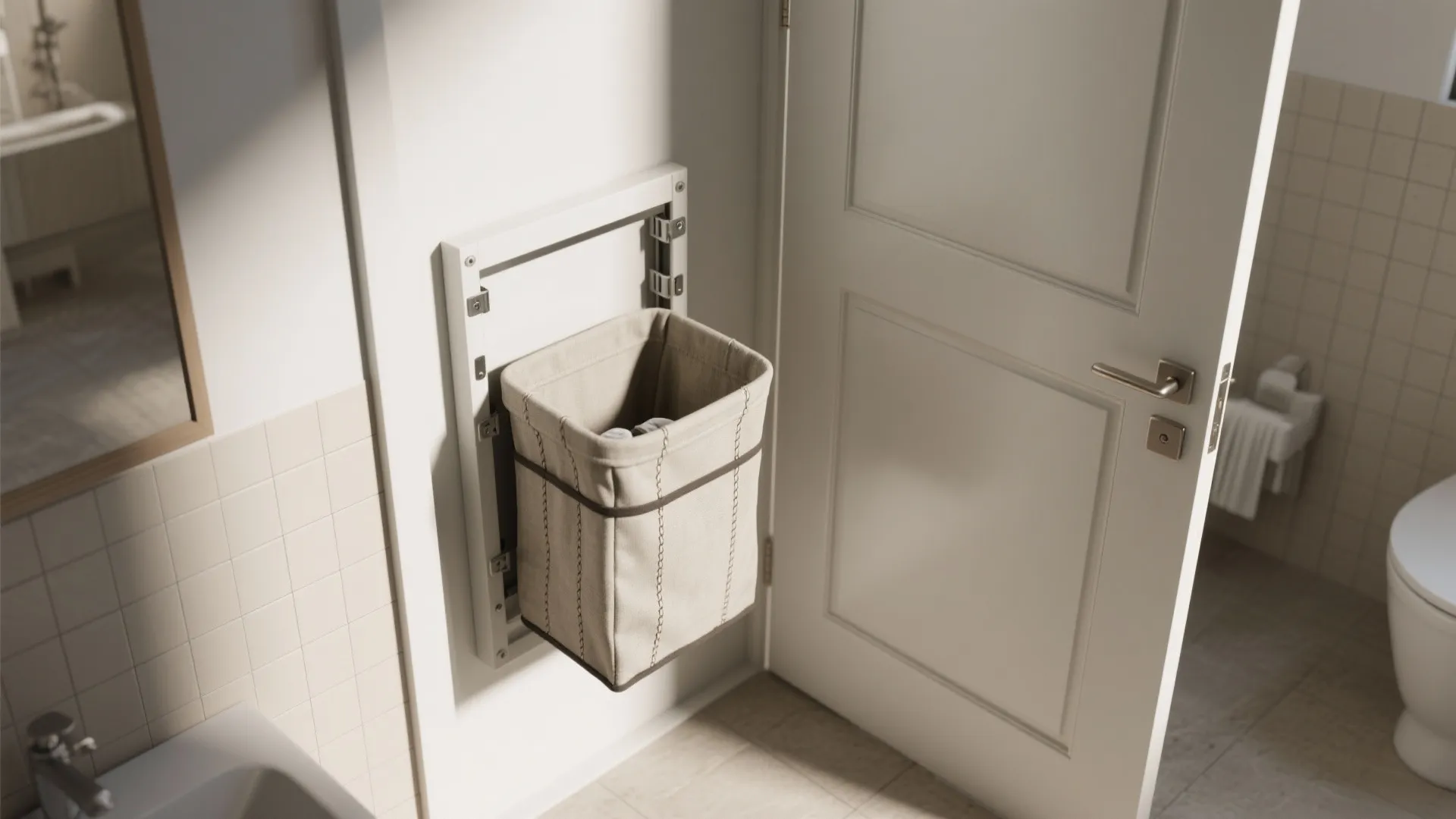 Top-down view of a door-mounted flip-down hamper showing door swing and folding pocket hamper.