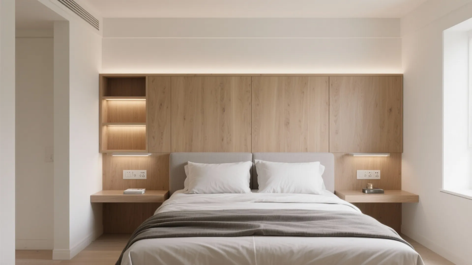 Wall-to-wall headboard with shallow storage