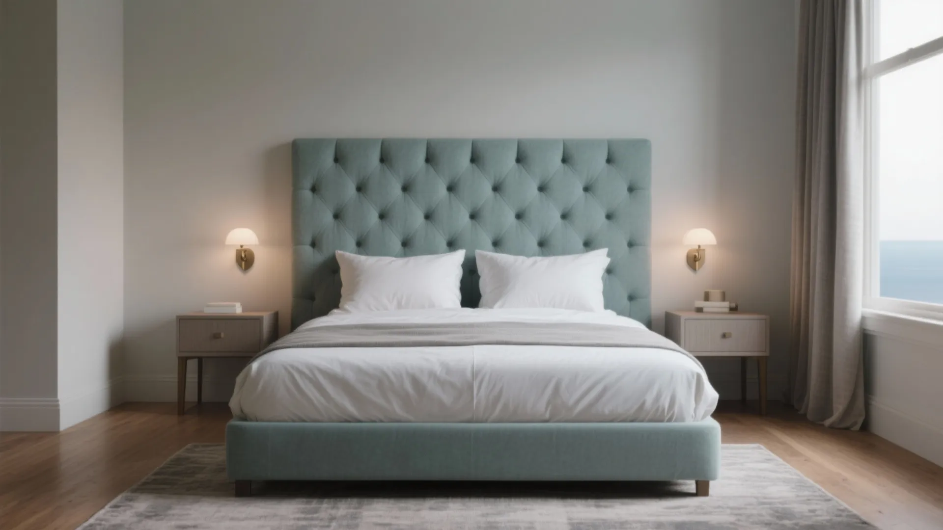 Modern bedroom with light green bed white pillows grey rug small nightstands and wall light
