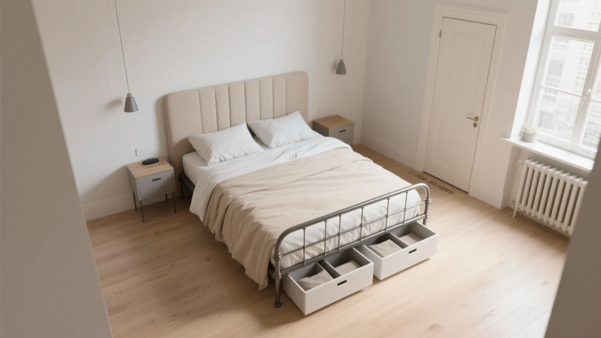 Wall-mounted headboards + under-bed bins