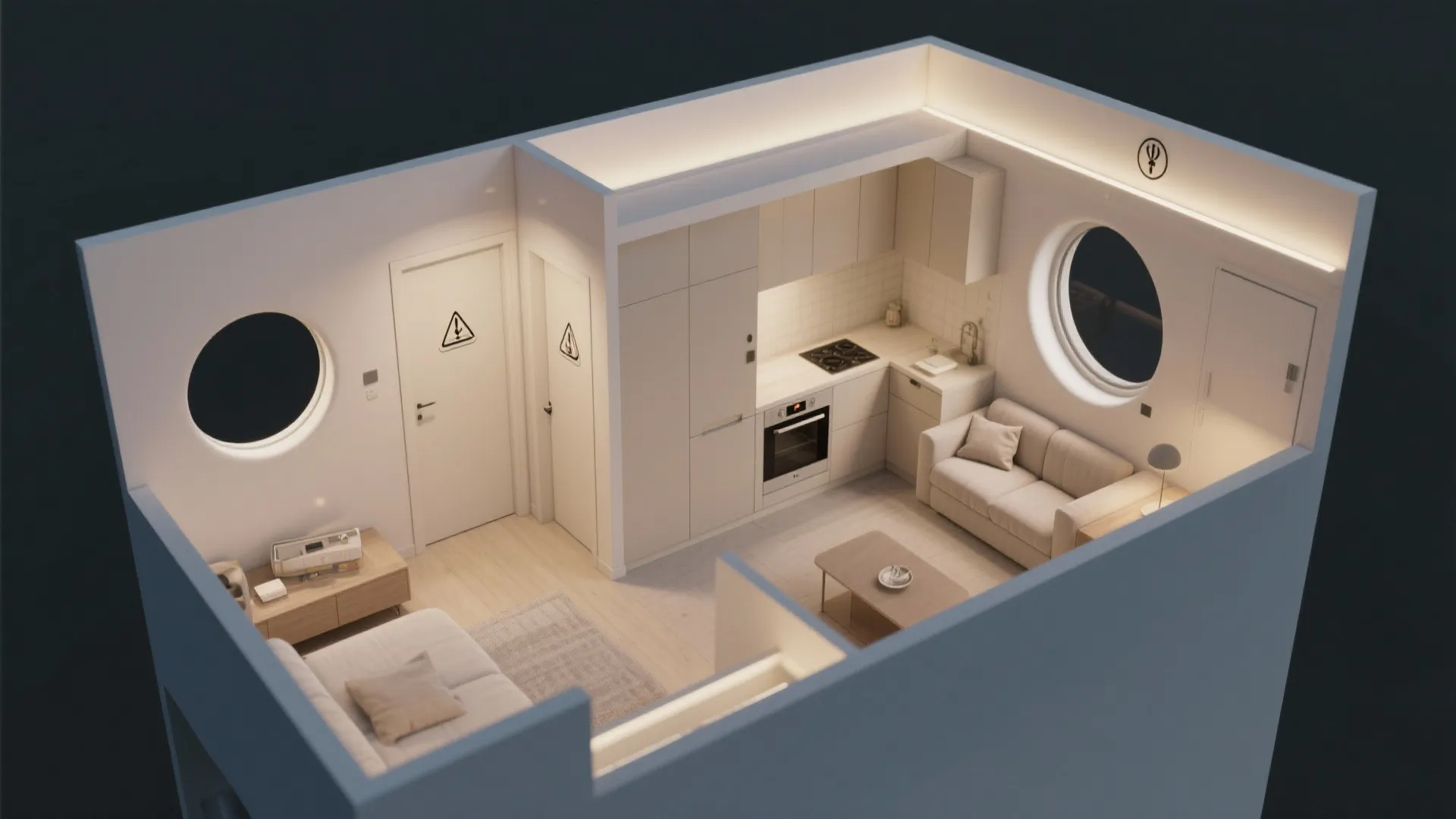 Interior design drawing of studio apartment with kitchen sofa round windows and warm light fixtures
