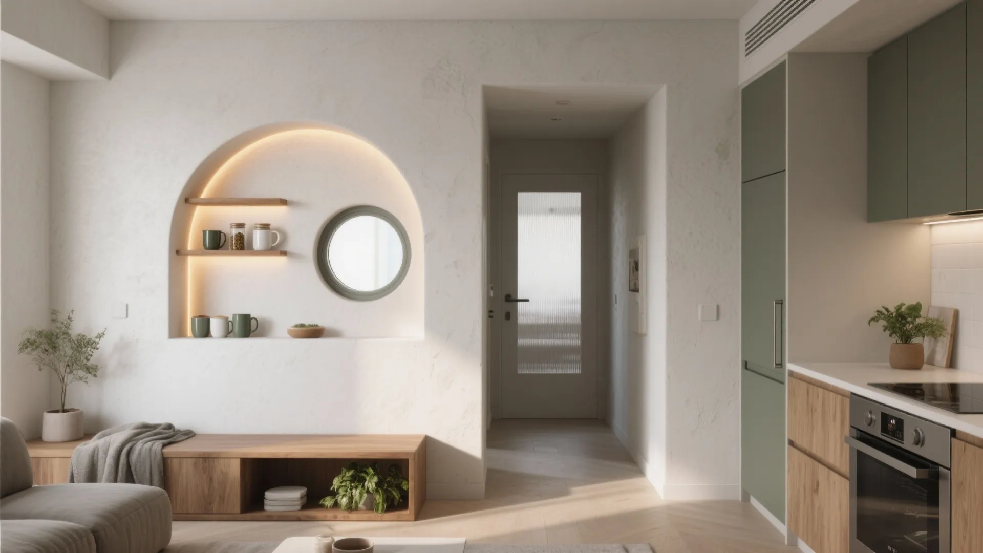 White living room wall featuring arched niche, small round window, wooden bench and green cabinets